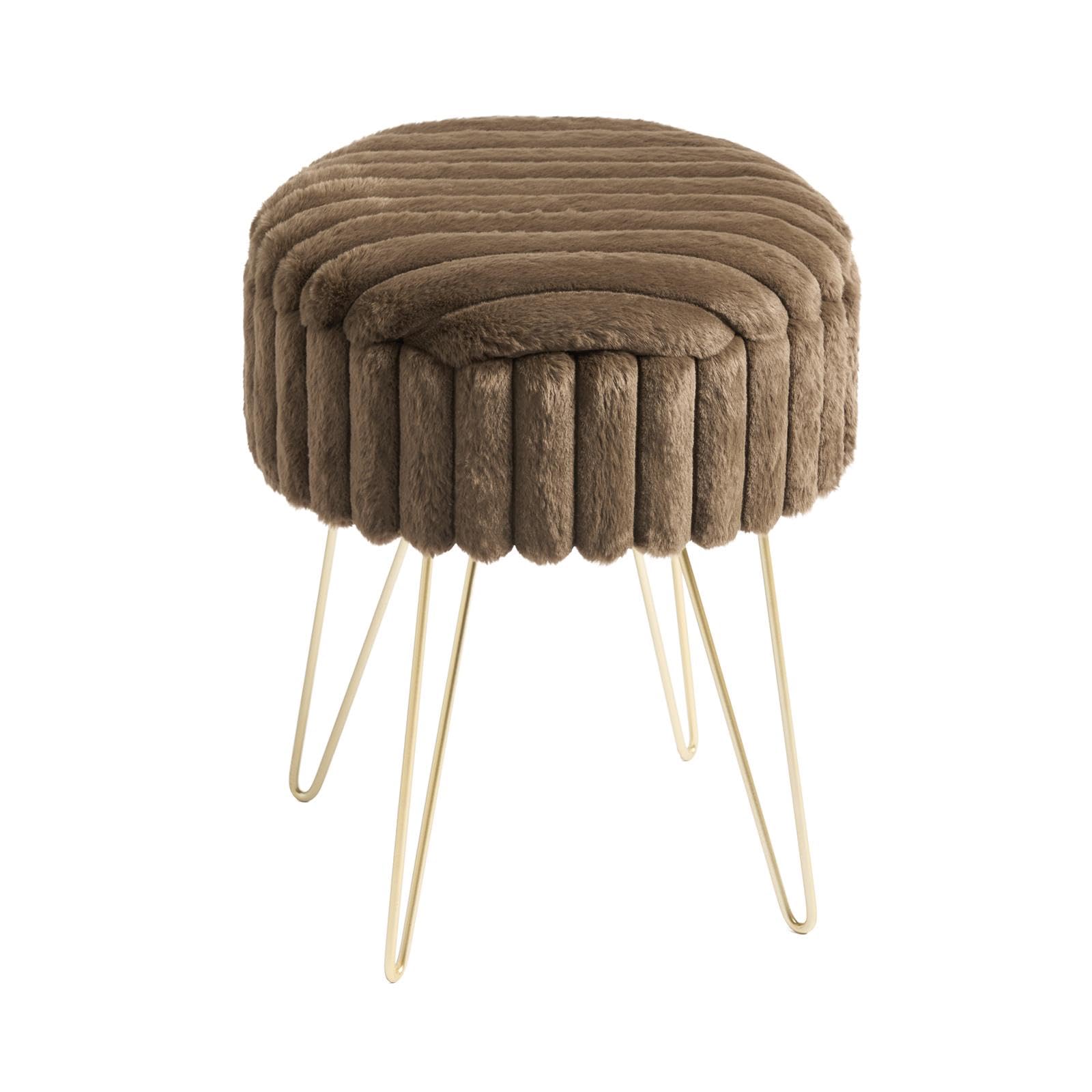 OHS Dressing Table Chair Faux Fur Ribbed Vanity Chair with Gold Hairpin Legs Stylish Storage Ottoman Bedroom Chair Storage Stool for Home Living Room Foot Stool, Chocolate