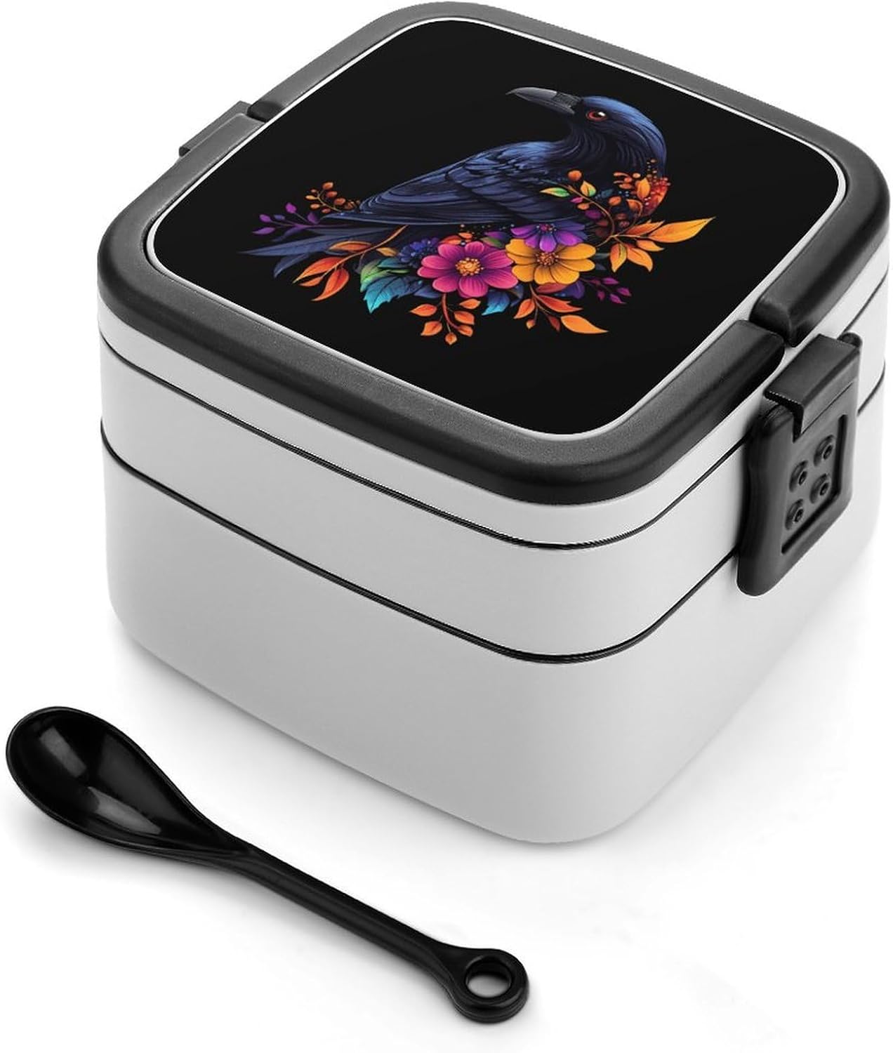 Floral Black Raven Crowes Bento Box with Spoon 2 Layer Food Container Cute Lunch Box for Travel Dining Work