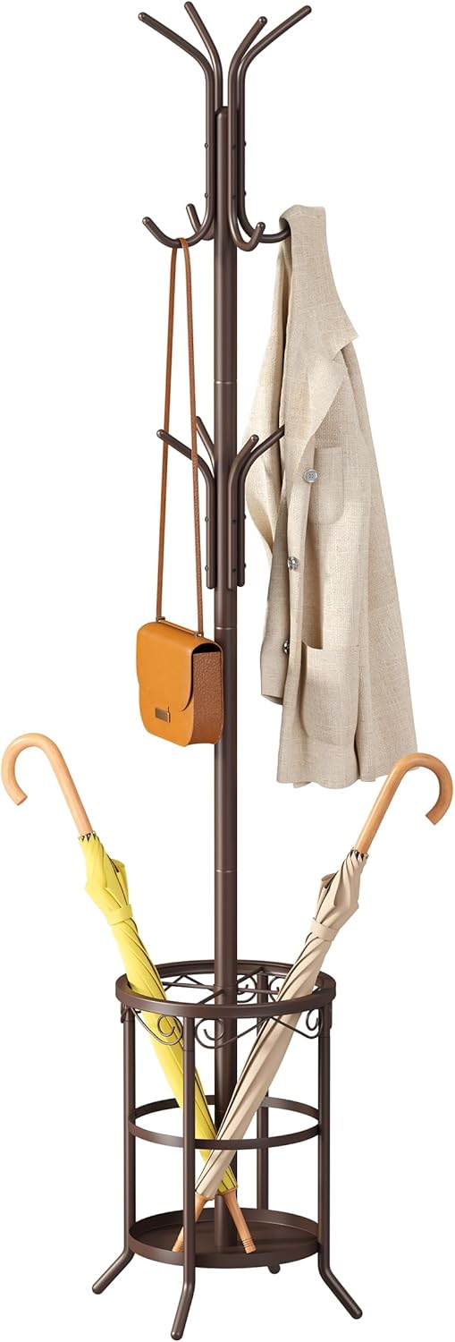 Coat Rack with Umbrella Holder, Metal Coat Rack Stand with 12 Hooks, for Entryway, Hallway, Living Room, Bedroom