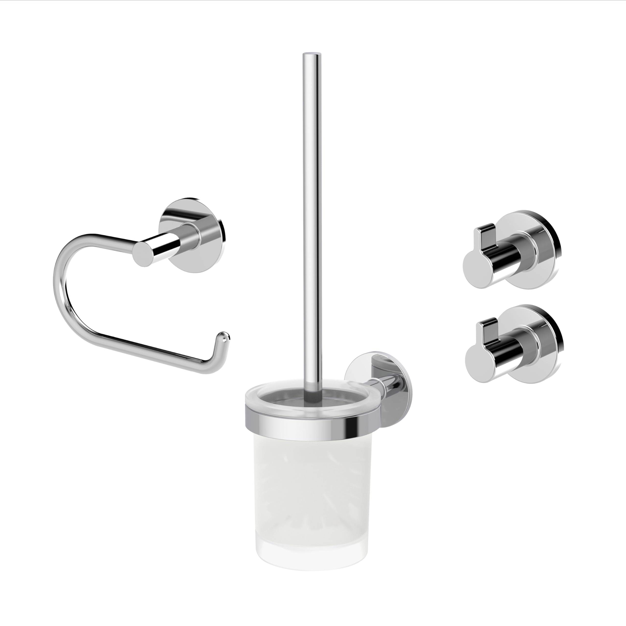 Lenz Bad-Accessoire-Set VIDA in Chrom – 4-teilig – Toilettenpapierhalter, WC-Bürstengarnitur und Zwei Handtuchhaken