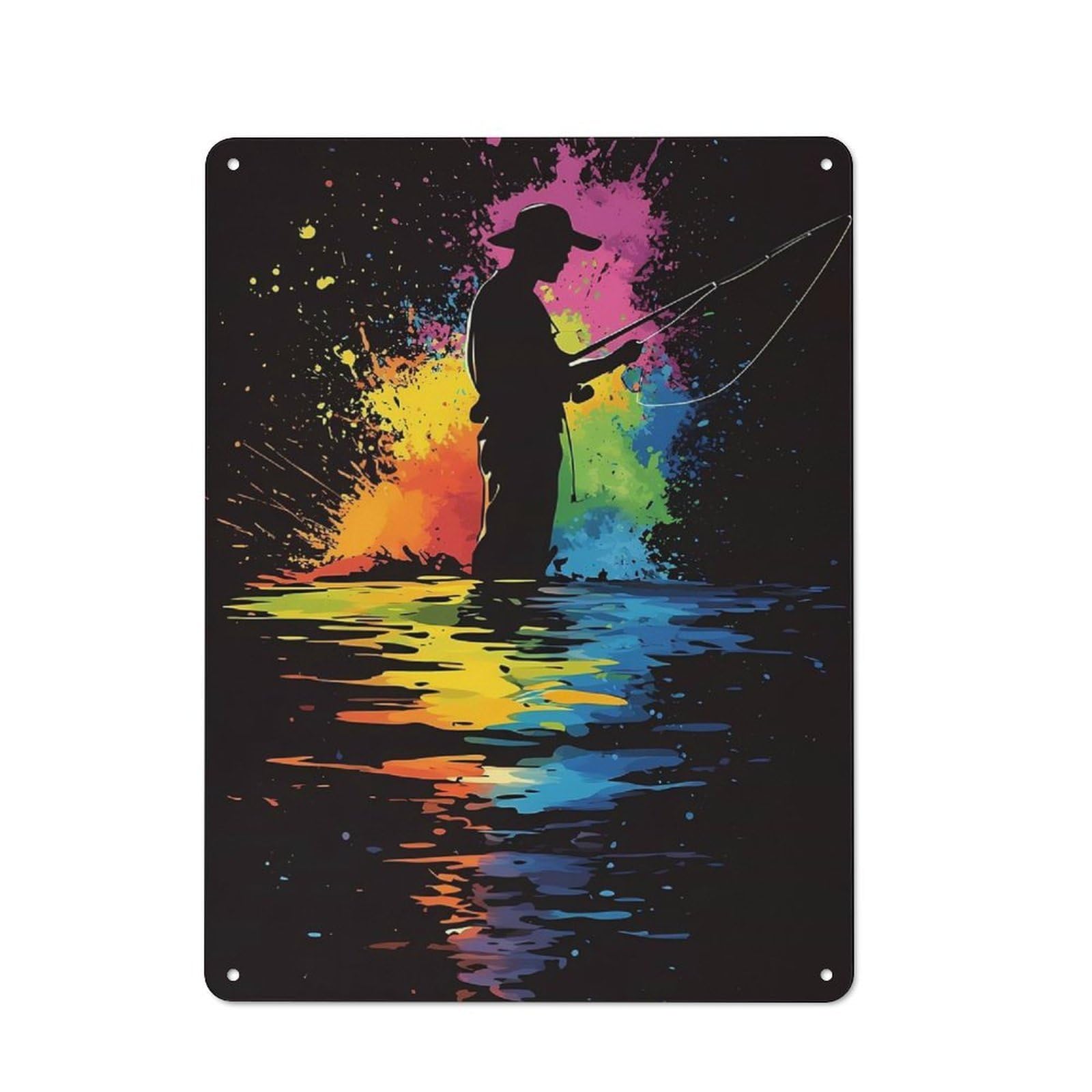 Junmoney Silhouette Fisherman With Colorful Splashes Tin Wall Plaque 40X30cm With For Living Room Or Hallway, For Garage, Workshop And Man Cave Decoration