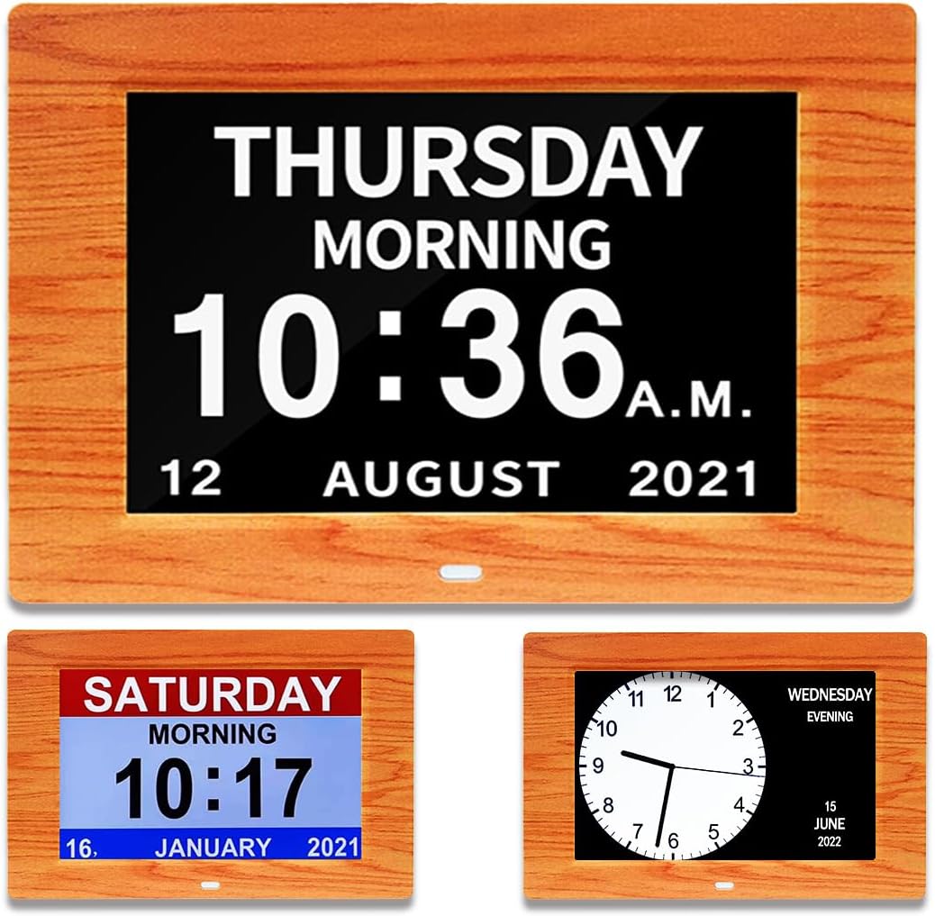 AINFTIME Clock with Day and Date for Elderly-3 Colors Display Digital Calendar Alarm Clock Dementia Alzheimers Clock with Extra Large Display (7in Woodgrain)
