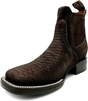 The Western Shops Mens Genuine Leather Square Toe Embossed Python Snake Print Short Ankle Cowboy Boot