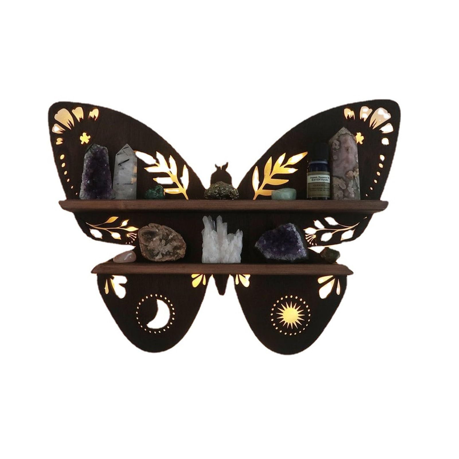 Luna Moth Lamp Crystal Shelf Floating Shelves Wall Mounted Butterfly Lamp Floating Shelf With Light Vintage Boho Hanging Crystal Display Shelf Wood Wall Shelf Small Crystal Holder ( Color : Butterfly