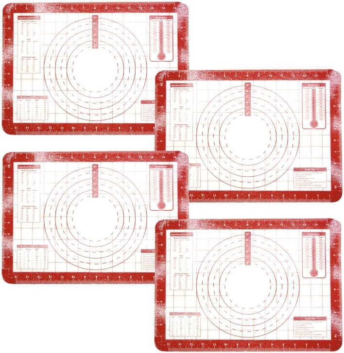 4 Pack Half Size 16.5"x11.6" Silicone Baking Mat with Measurements for Oven Baking 450F (Red Color), Non-Stick Food Safe Dough Pie Fondant Oven Liner, Extra Thick 0.7MM 24GA