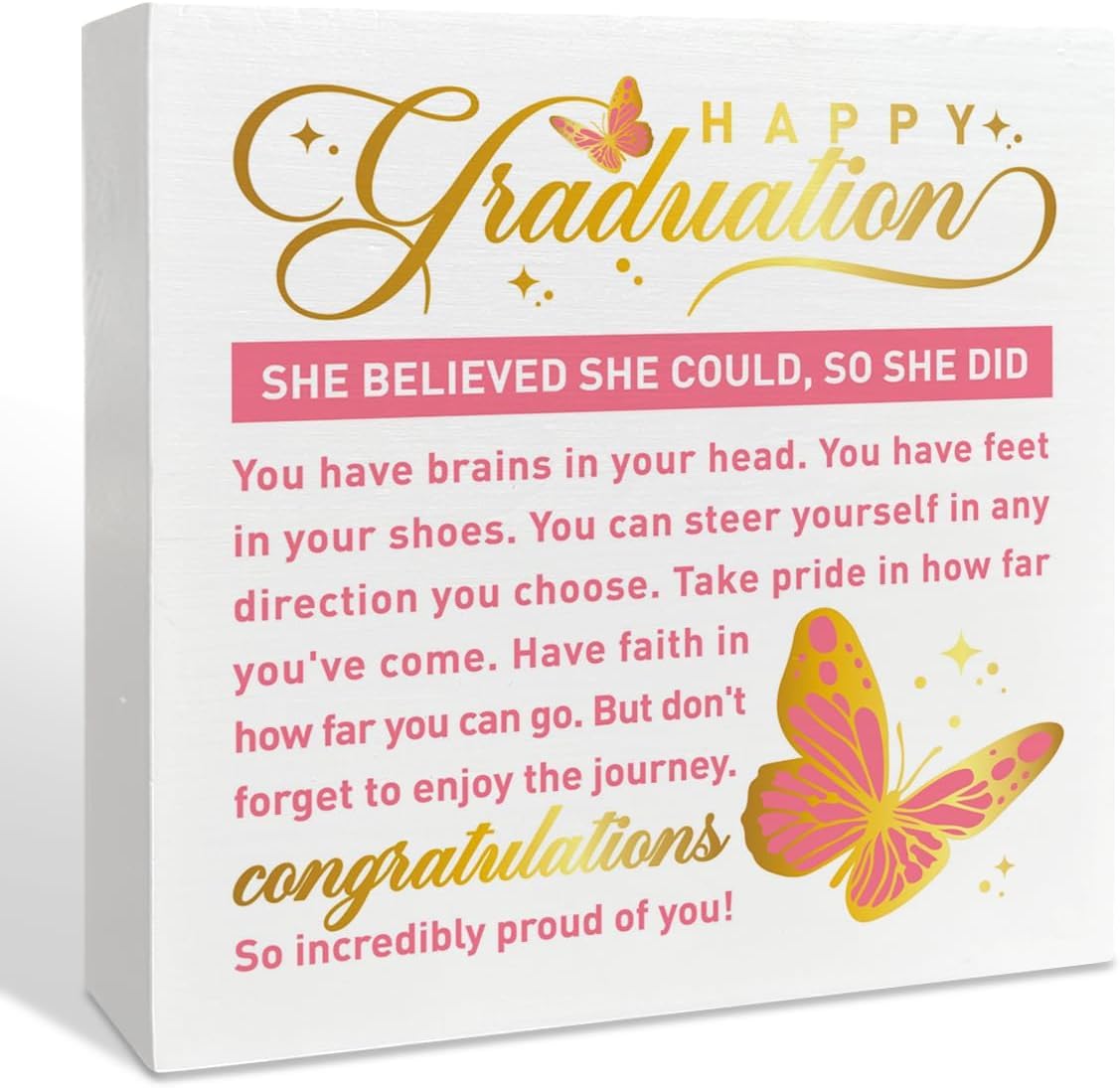 Graduation Box Sign 7x7 Inch Inspirational Butterfly Desk Decor