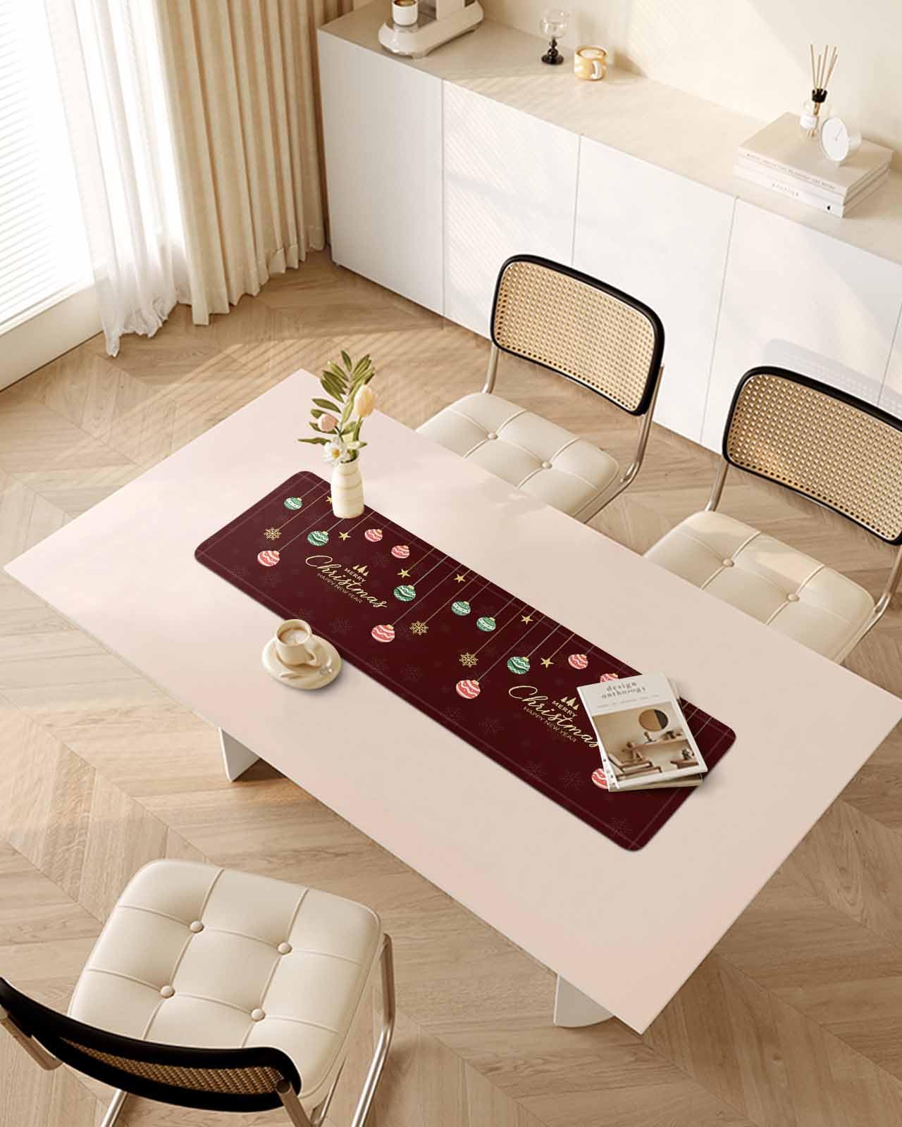 Debedcor Heat Proof Table Pads Waterproof Decorative, Merry Christmas Non-Slip Table Countertop Protector, Farmhouse Xmas Ball Snowflakes Red Insulation Mat for Dining Room, 48 x 12 Inches