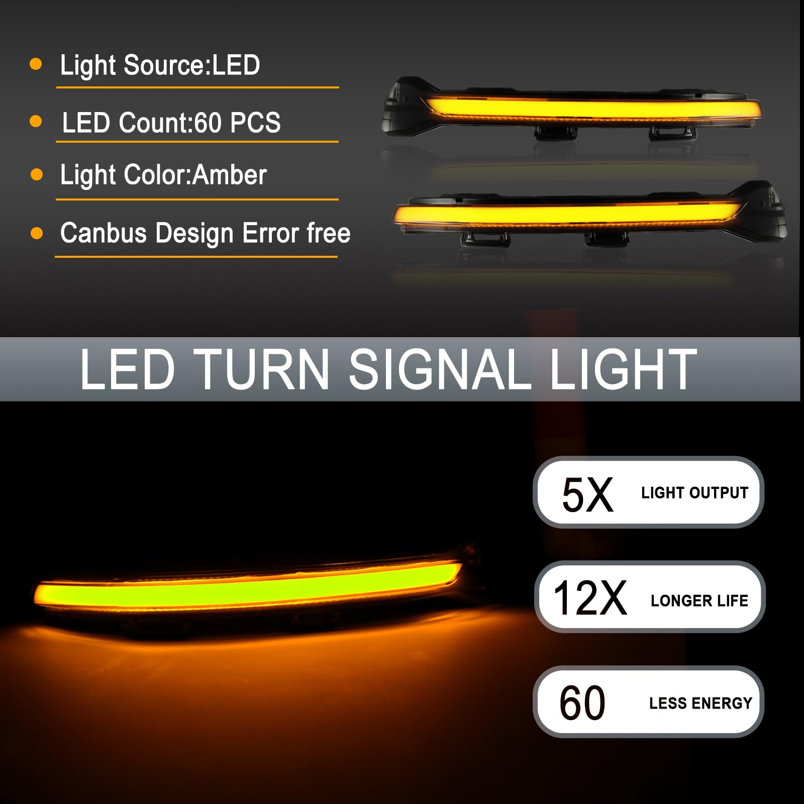 LED Spiegelblinker für VW E-Golf Golf 7 Limousine ariant Golf | 2 Stück LED Blinker mit Canbus Fehlerfrei, Schwarz