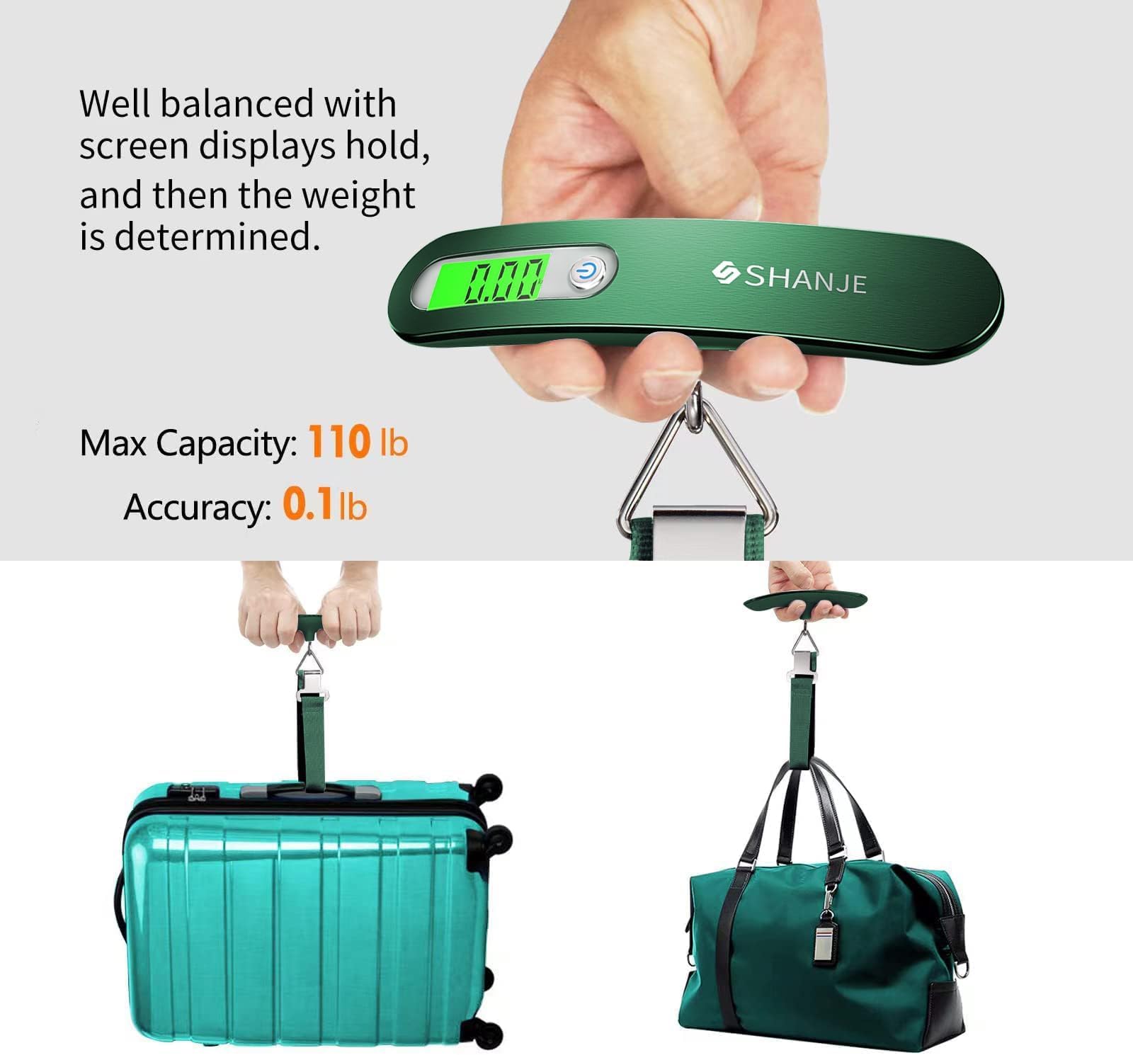 SHANJE Luggage Weight Scale for Suitcases 110 Lbs Travel Accessories High Precision Travel Digital Hanging Scales 50kg (Green)