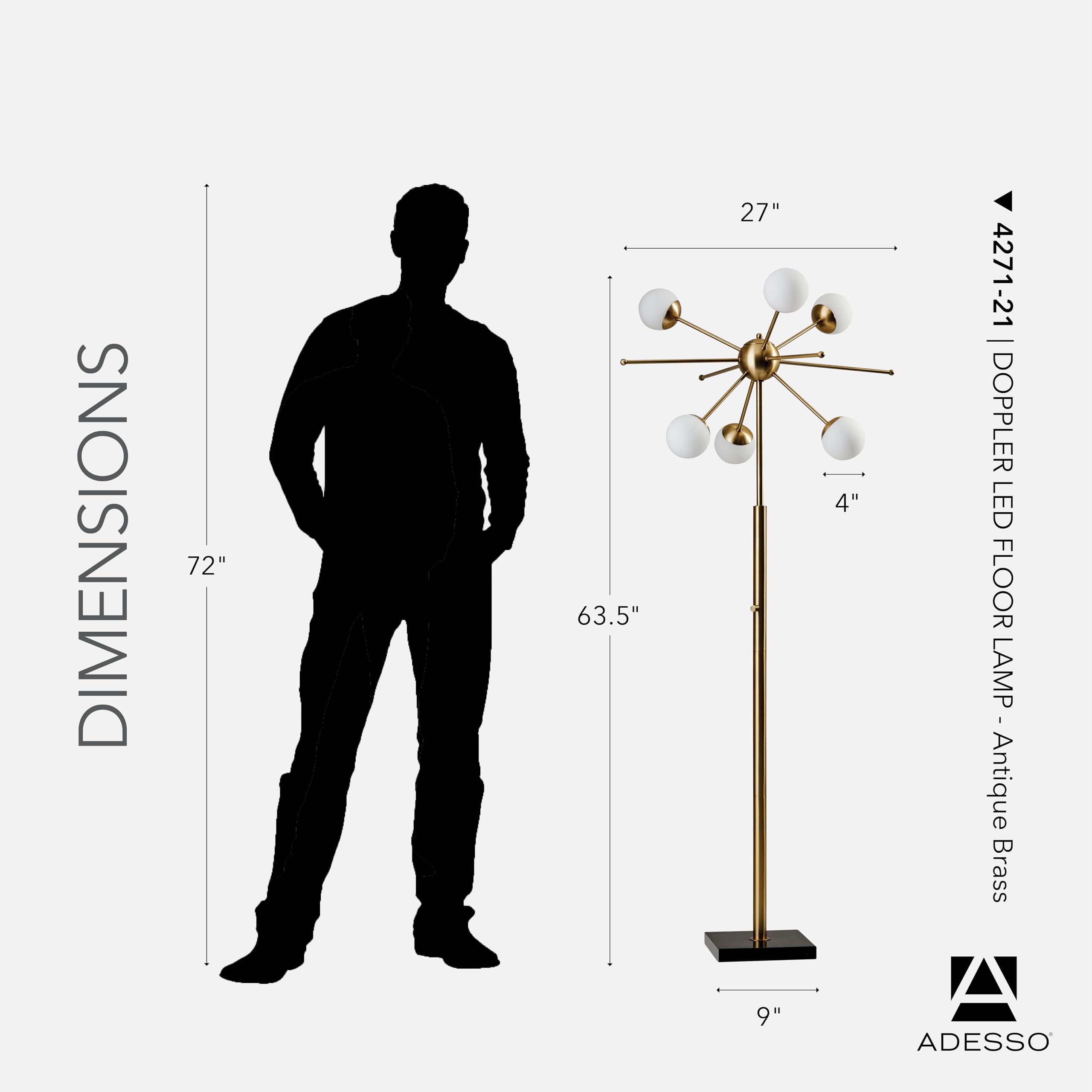 Adesso Antique Brass LED Floor Lamp with White Opal Shades