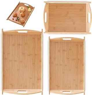 Bamboo Serving Tray 3 Pack, Wooden Trays for Dessert Table with Handle Bamboo Nesting Trays Rectangle Breakfast Food Serving Platters Party Dinner Coffee Tray for Home Bed Large Middle Small