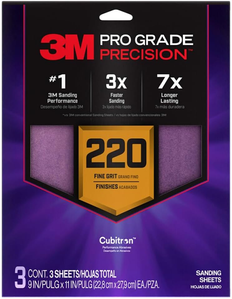 20-Pack of 9” x 11” 3M 26220 Tri-3 Pro Grade Precision No-Slip Grip Sanding Sheet, 220-Grit, 3-Pack