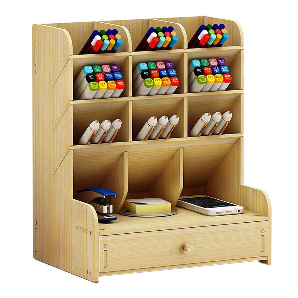 Soporte para bolígrafos de almacenamiento de madera, organizador de escritorio multifuncional para papelería, caja de almacenamiento de lápices, gran capacidad (amarillo claro)
