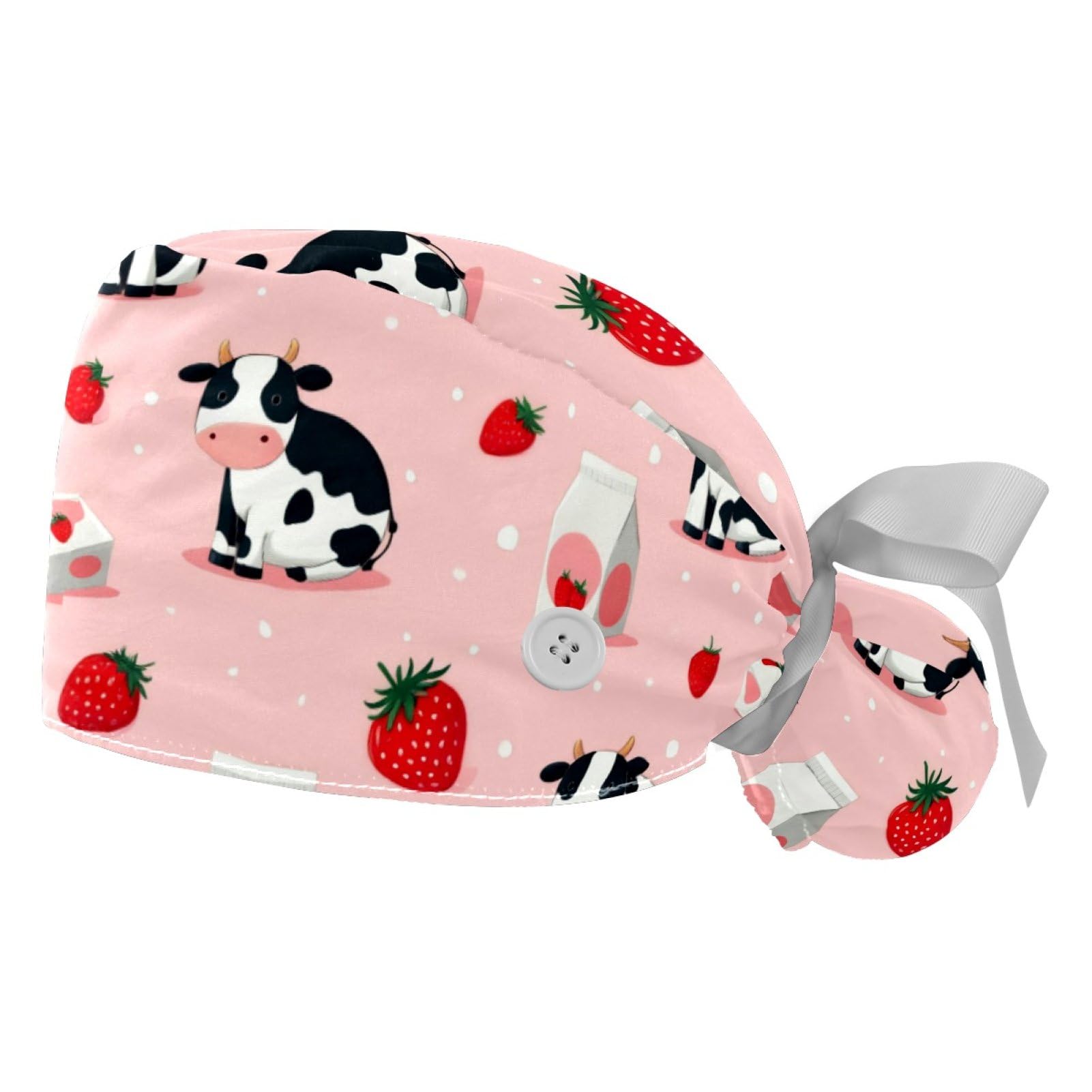 2 PCS Bouffant Cap with Button Ponytail Pouch Working Cap Sweatband Adjustable Surgical Cap Black and White Cow