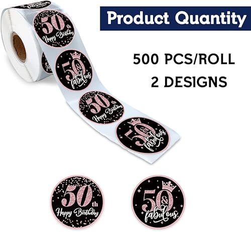 Miniatura 2 de REWIDPARTY Rollos de calcomanías de 50 cumpleaños de oro rosa (500 piezas) calcomanías de feliz cumpleaños 50 y fabulosas calcomanías redondas para