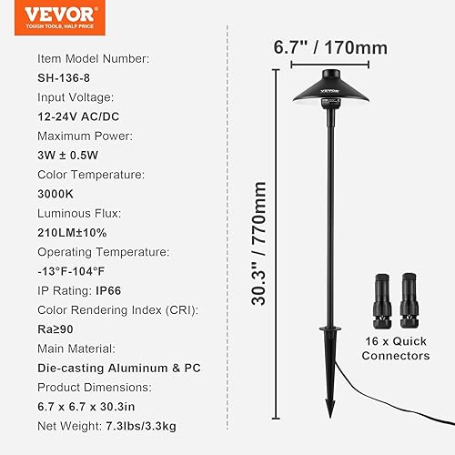 Miniatura 7 de VEVOR Paquete de 8 luces de camino de paisaje de bajo voltaje, 3 W, 210 lúmenes, 12 V-24 VACCC, iluminación LED para caminos al aire libre, 3000 K