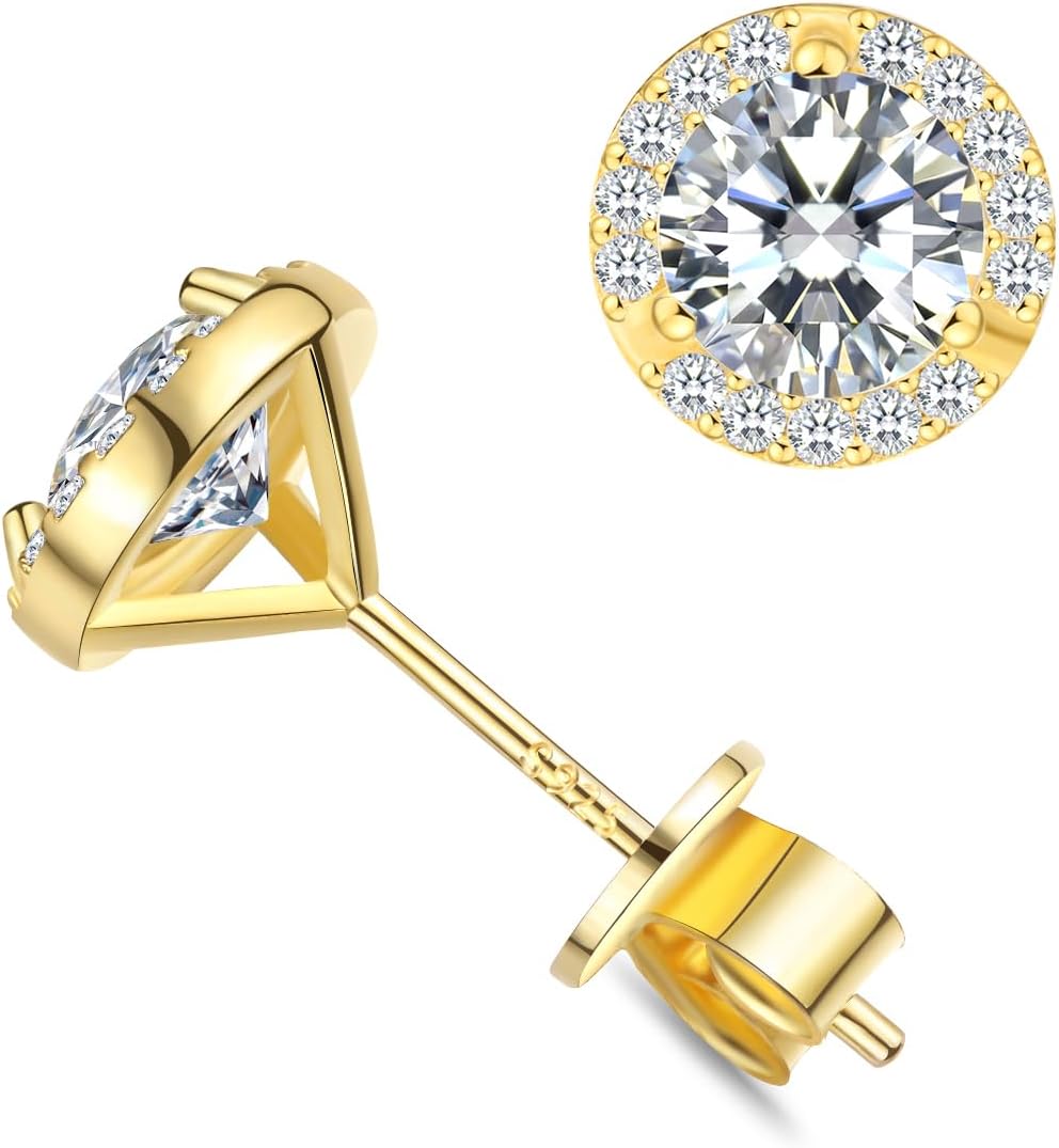 Cubic Zirconia Halo Stud Earrings for Women Men Gold Plated Hypoallergenic S925 Sterling Silver Big Brilliant Simulated Diamond Round CZ Stud Earrings for Sensitive Ears