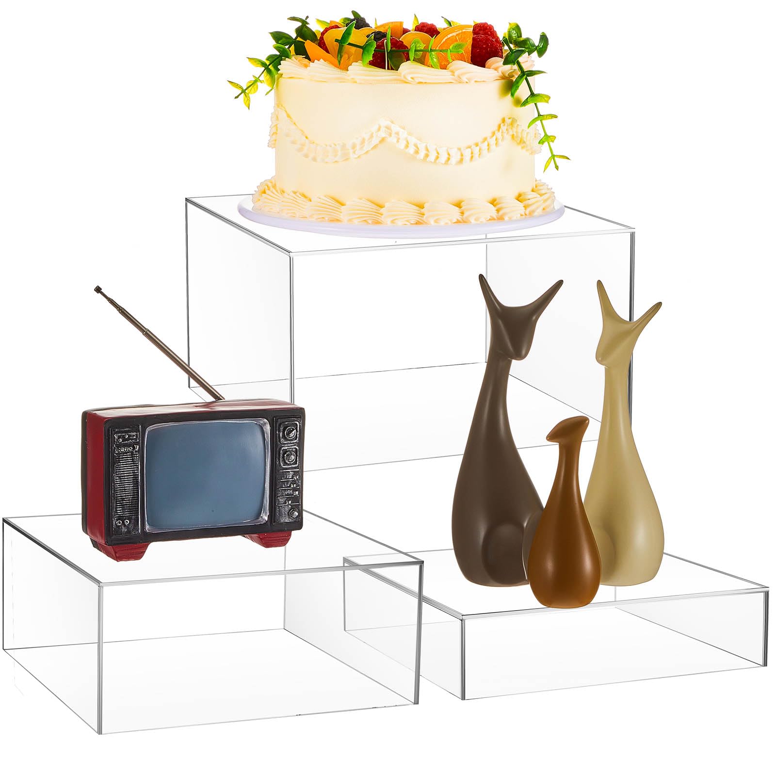 Jerify3 Pcs White Acrylic Buffet Riser Set 8 9 10 In Acrylic Risers Cube Display Nesting Riser Boxes 5 Sided with Hollow Bottoms for Display Dessert Figures Food Collectible Jewelry Show(Clear)