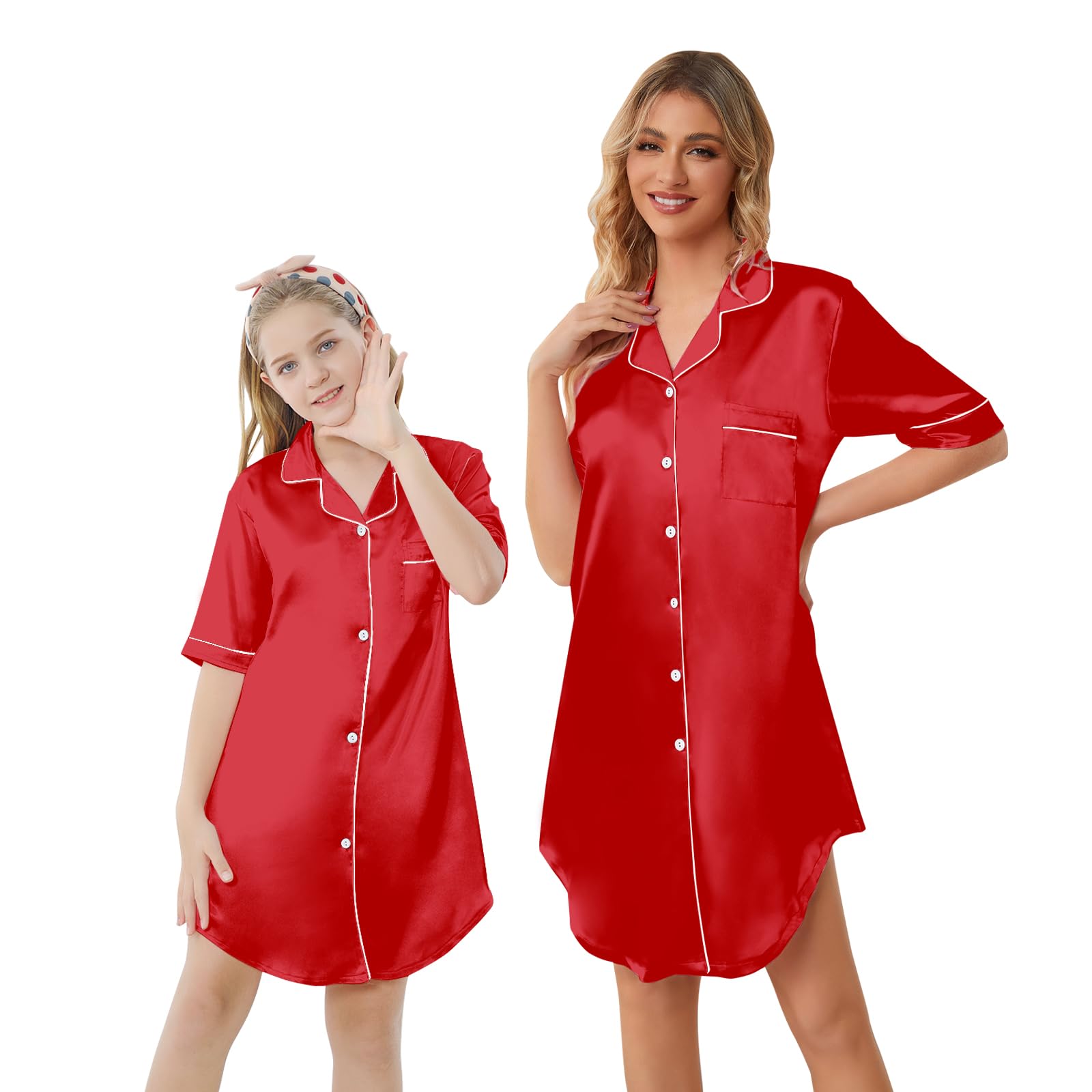 Schbbbta Girls &amp; Women Silk Nightgown, Short Sleeve Button Down Satin Nightshirt Pajama House Dress, 3 Years- Women 2XL