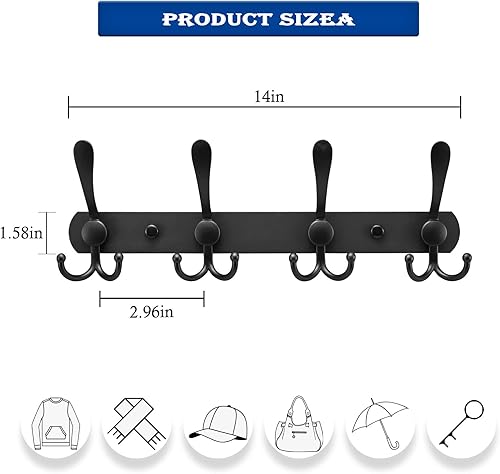 Miniatura 2 de Potaosey Paquete de 2 percheros de pared negros 4 ganchos tri montados en la pared perchero de estilo moderno montado en la pared riel de gancho de