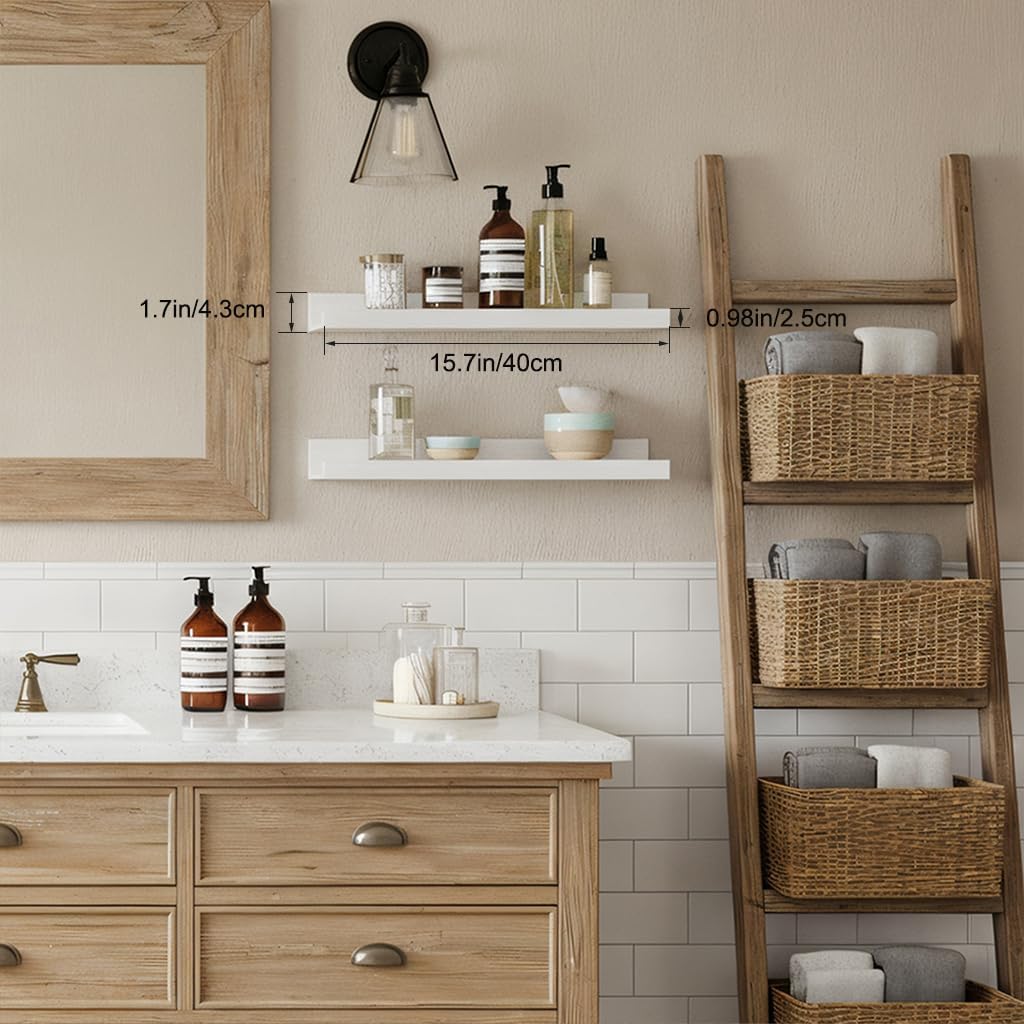 White Floating Shelves with Lip 16 Inch, Wall Mounted Picture Ledge, Small Wood Wall Shelf for Bathroom Bedroom Living Room, Display Shelf for Photos Frames Collectibles Set of 2