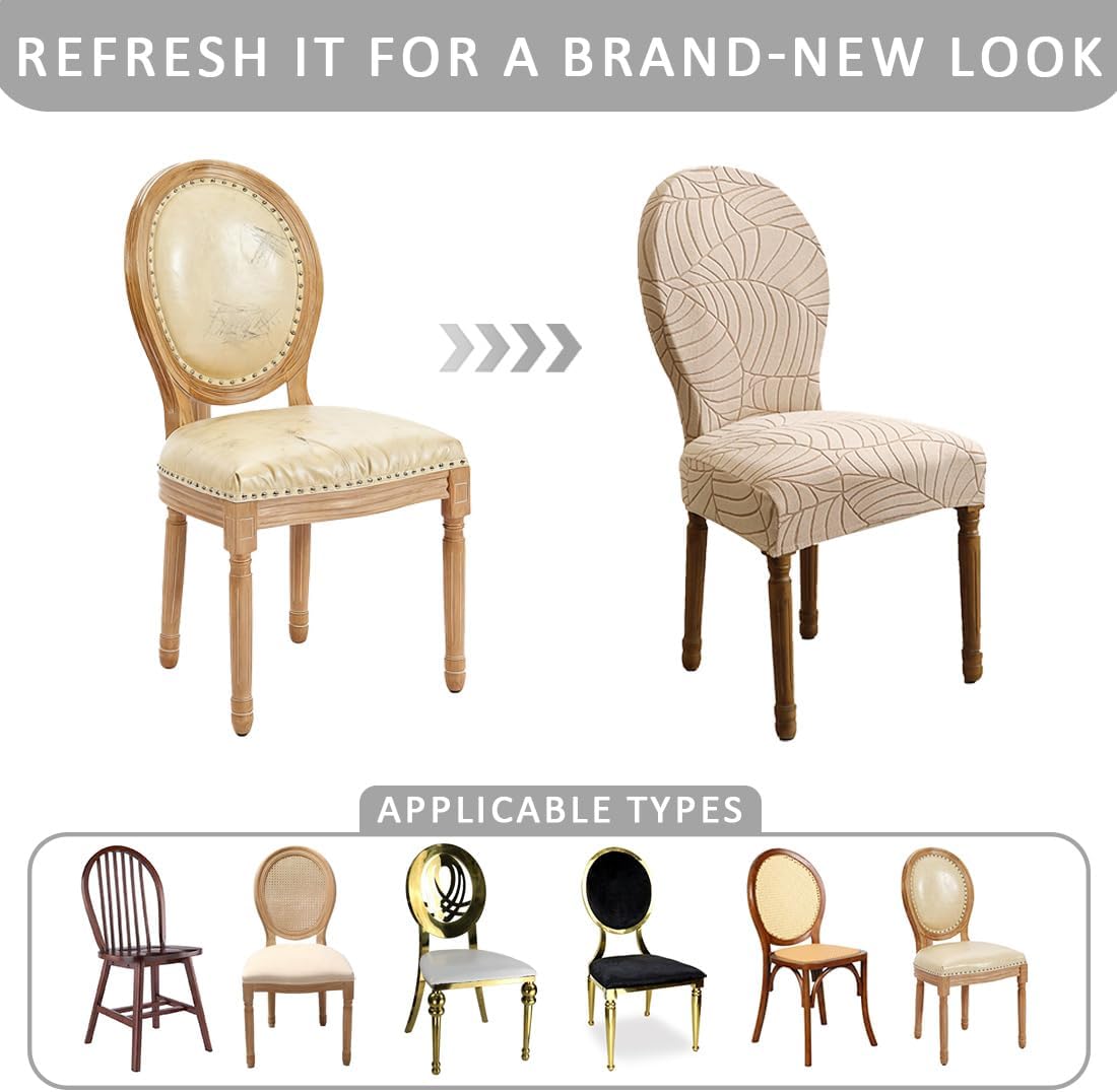 Round Back Dining Chair Cover Stretch Dining Chairs Slipcovers with Round Back French Country Vintage Chairs Cover with Curved Backrest for Banquet Home Decor Set of 4 Khaki