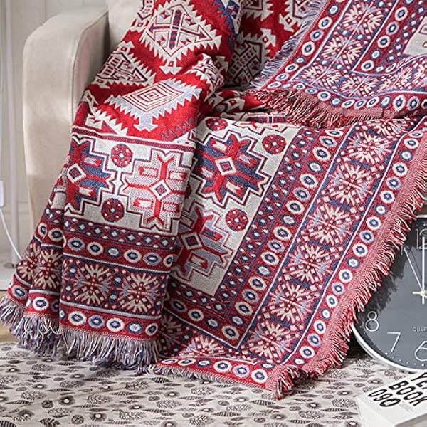 BEAUUP Grote plaid deken, Bohemian Geometry Patroon Kwasten Dekens Multifunctionele Gebreide Plait Voor Slaapbank Bank Fauteuil, Rood, 90x240CM (Rood 230x340CM)