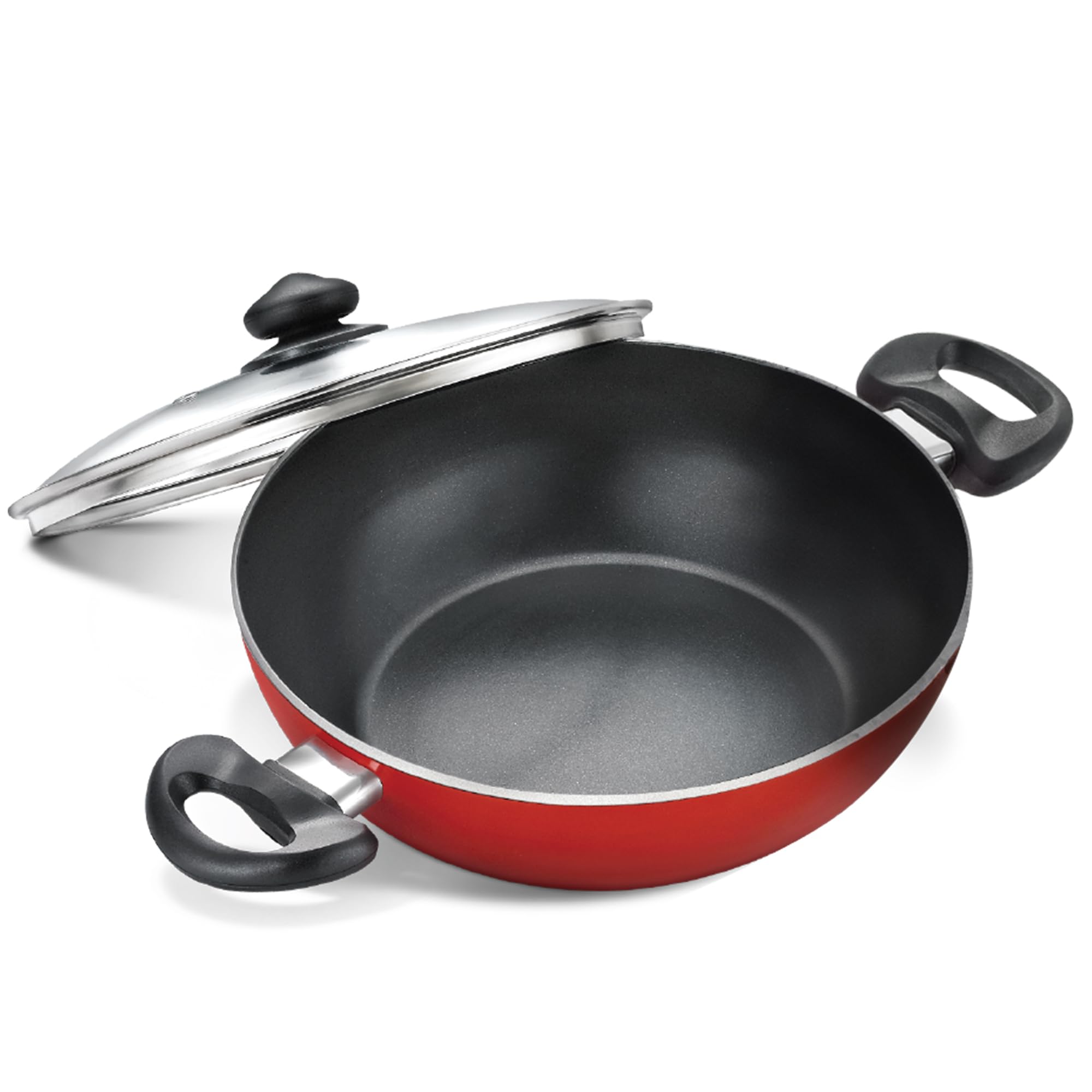 Judge by TTK Prestige Aluminium Flat Kadai with Lid, 240mm, Red (Medium 2.4 Liter)