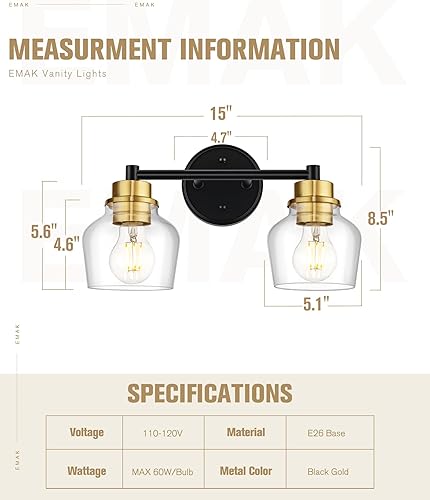 Miniatura 4 de Emak Farmhouse VL122-BKBGD-CG-2 - Lámparas de baño de 2 luces, modernas luces negras y doradas con pantalla de vidrio transparente para baño,