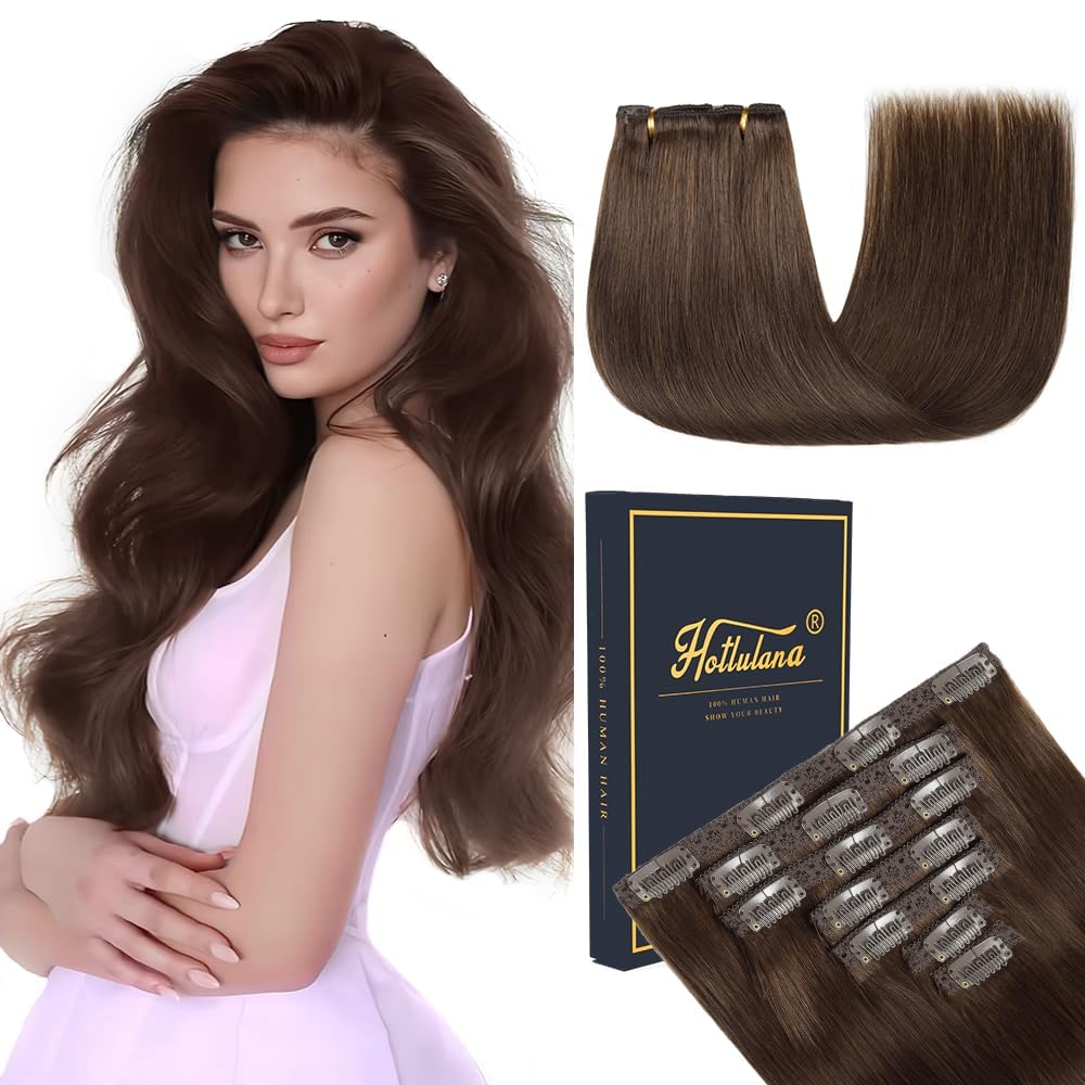 HotLulana extensión de clip de pelo humano Remy, 7 unidades, color marrón oscuro, extensiones de clip invisibles, 35 cm, 80 g
