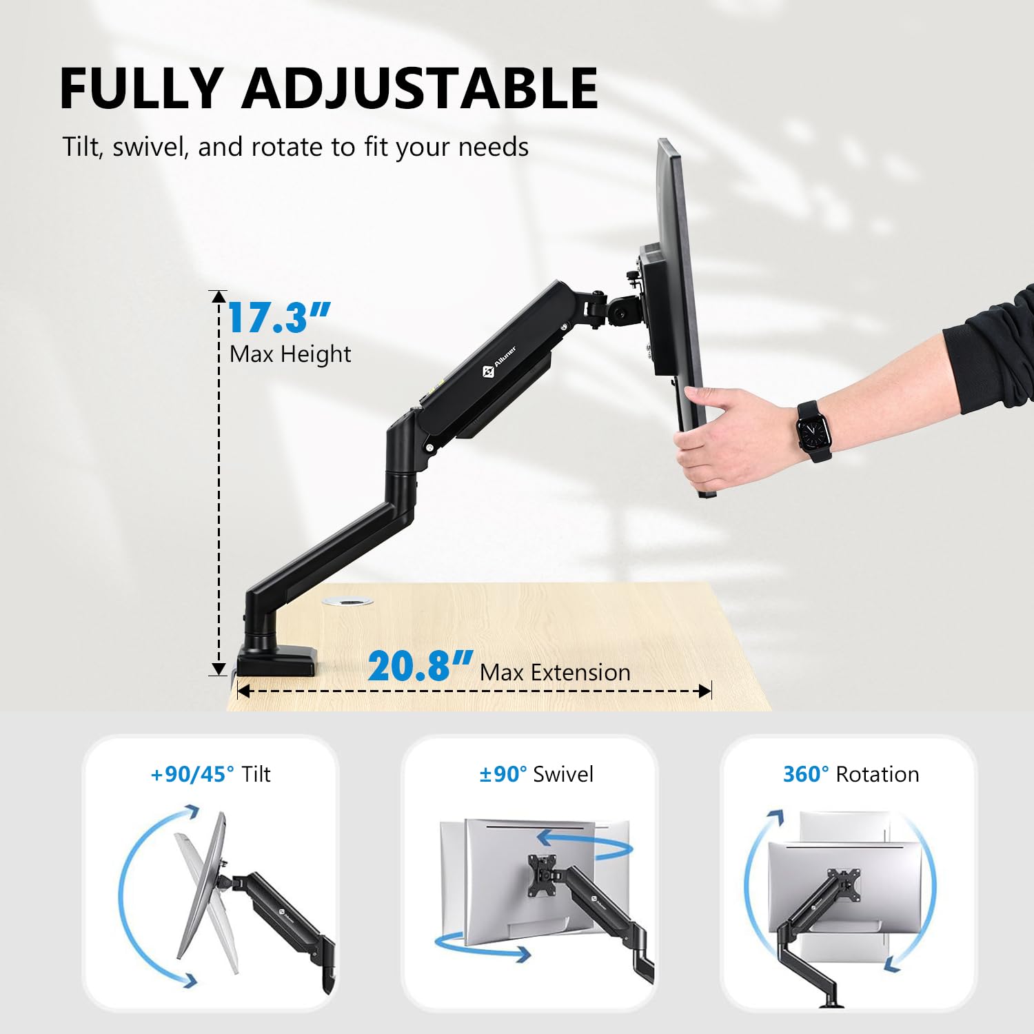 Supporto singolo per monitor da 13-32 pollici, braccio per monitor con molla a gas con staffa VESA regolabile in altezza, supporto per 2-9 kg, installazione con morsetto/occhiello