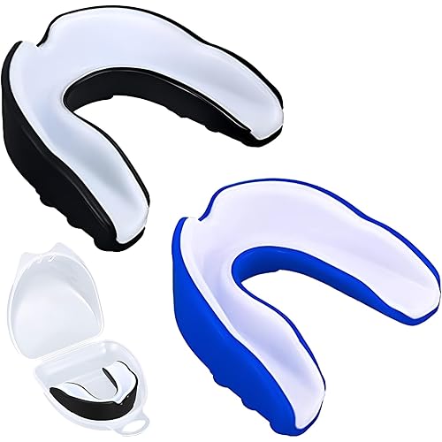 2 Pack Sports Mouth Guard for Kids and Youth - Mouth Protection Athletic Mouthguard with Case (BPA Free) for Boxing Football Hockey Karate Rugby for Boys Girls Sports Supplies (Blue&Black)