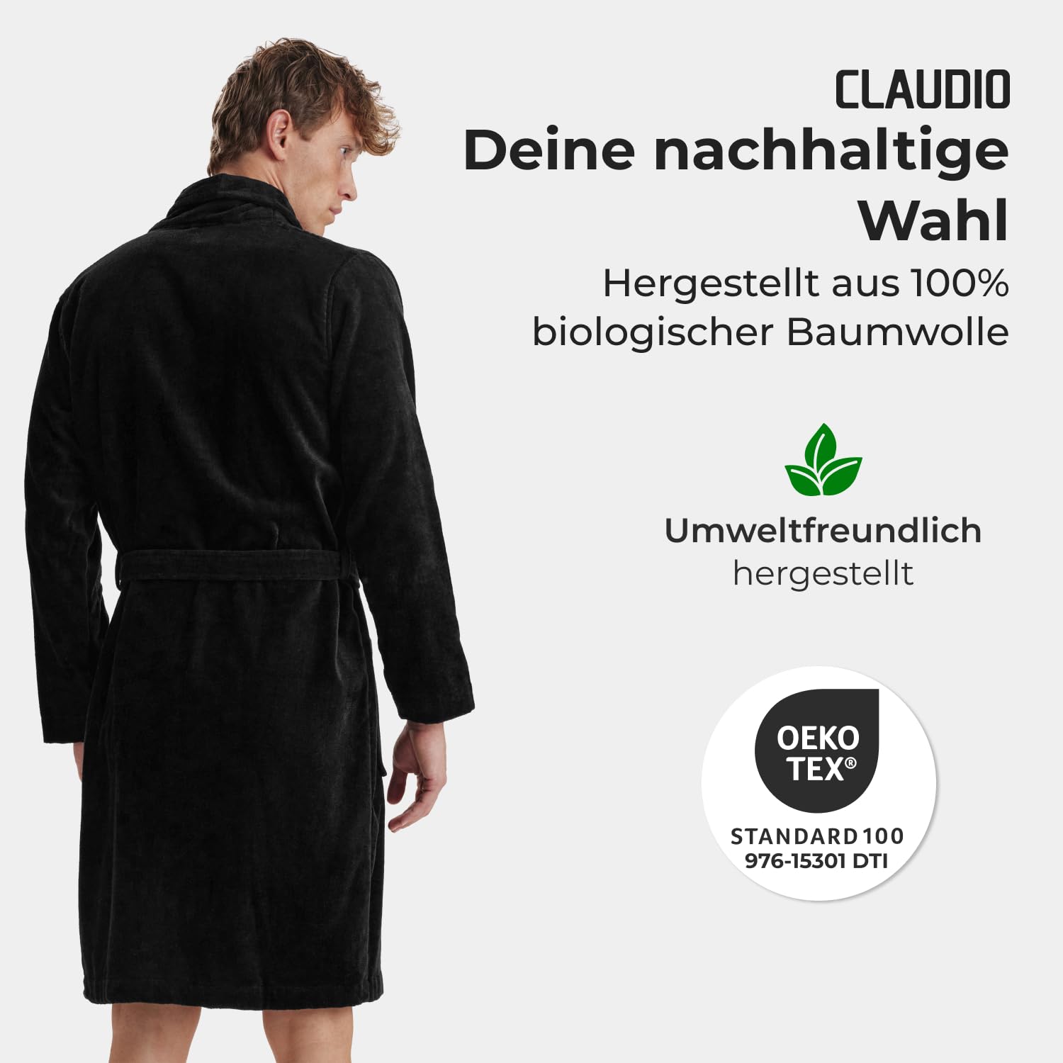 Claudio Bademantel Herren Frotté – 100% Bio–Baumwolle – Oeko–Tex Zertifiziert – Weich & Saugstark – XXL – Schwarz