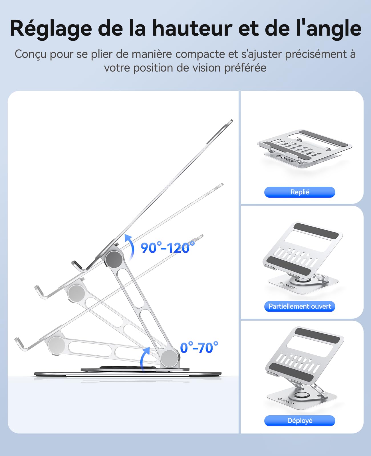 ORICO Support PC Portable Ergonomique Rotatif 360 Réglable Pliable Ventilé pour MacBook Air/Pro Dell XPS HP 10-17,3 Pouces ST12 Argent