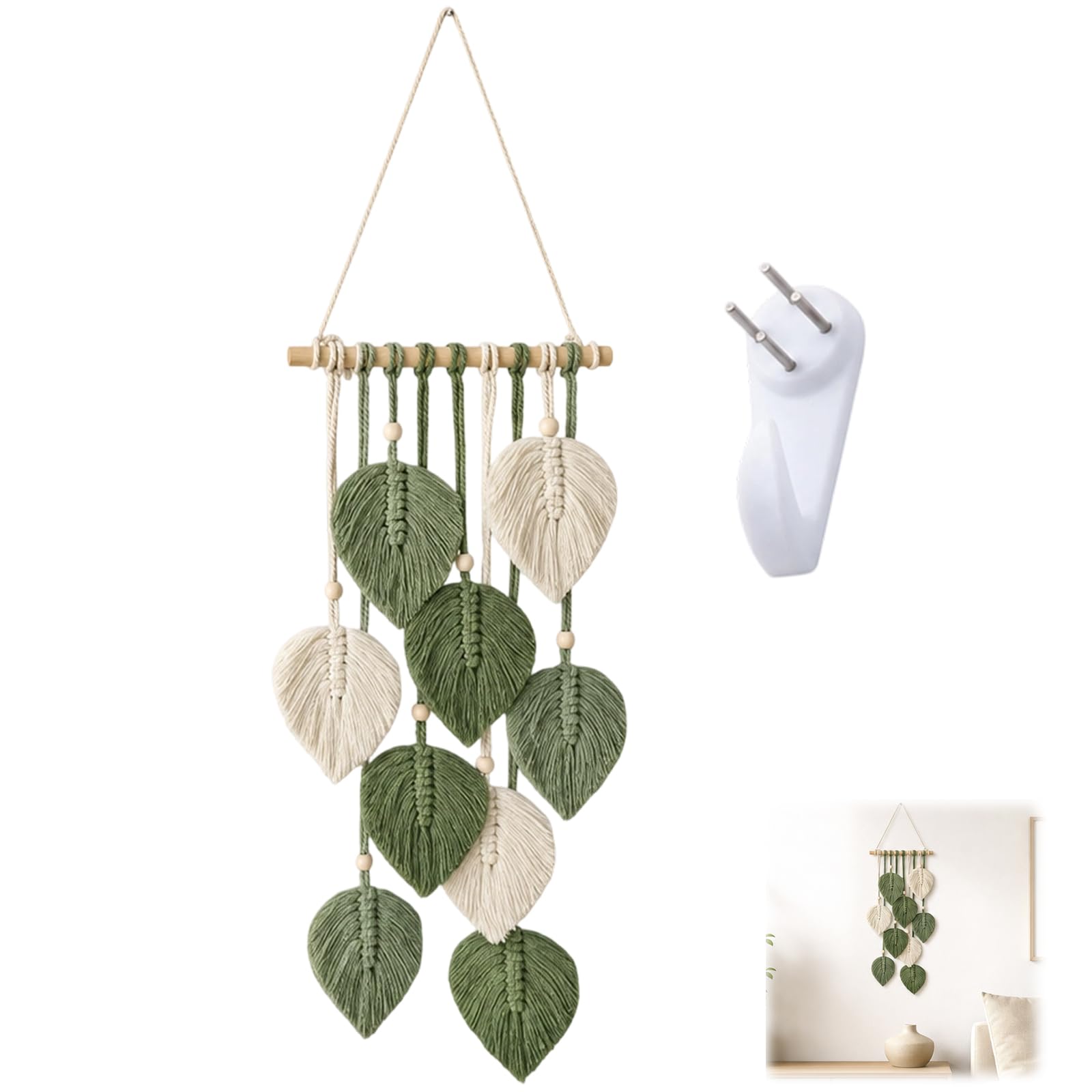 EujRcf Macrame Leaf Wall Hanging Tapestry, Handmade Woven Boho Wall Decor with Wooden Beads, Green Black White Leaves, Chic Woven Feather Tapestry for Bedroom Living Room Apartment Gift