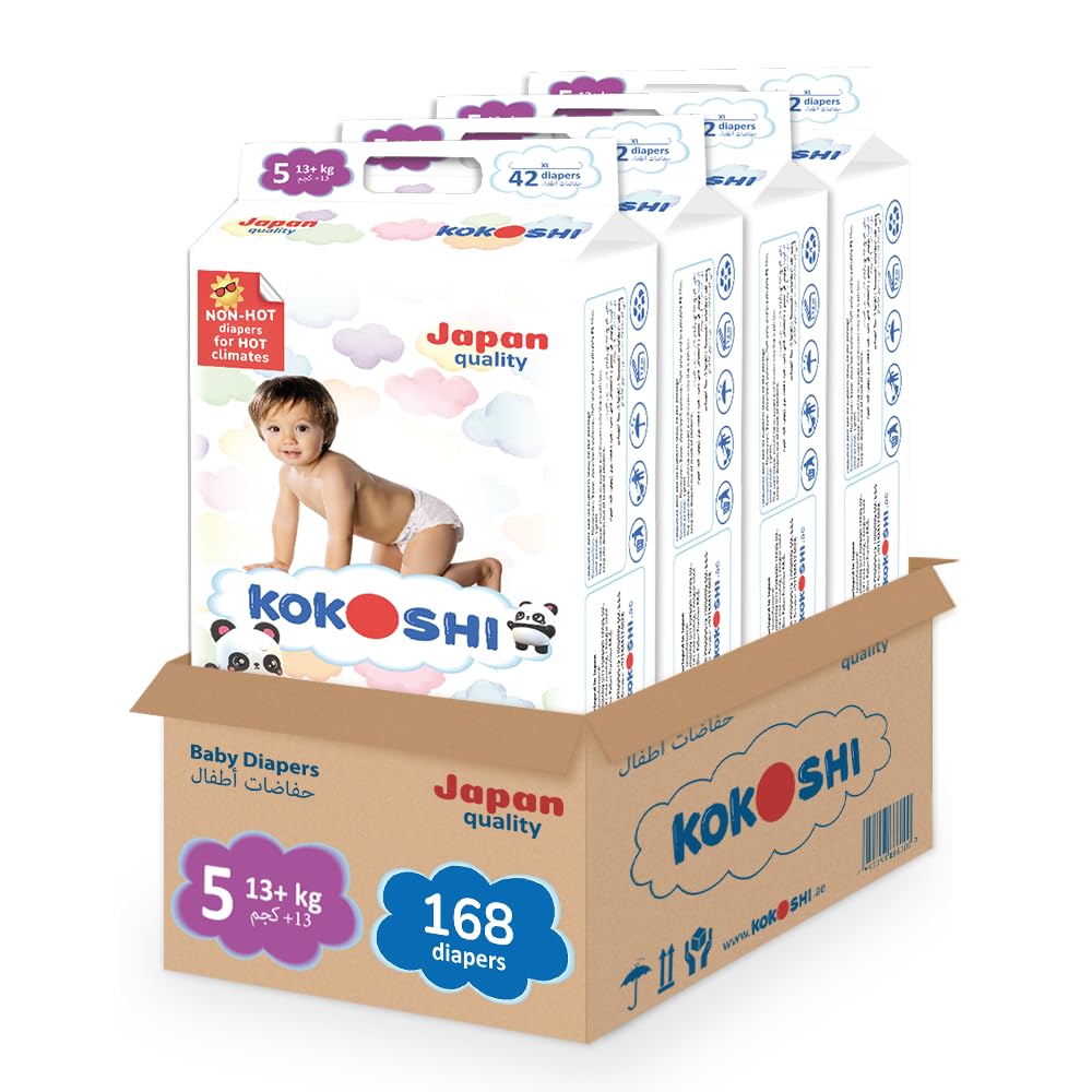 Kokoshi Premium Baby Diapers Size 5 (13+kg), 168 pcs – Ultra-Soft, Hypoallergenic, 12h Protection, Breathable, Leak-Proof Japanese, Wetness Indicator