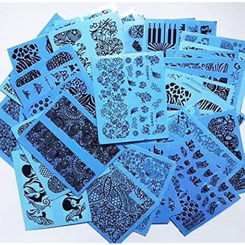 New8Beauty Nail Art Stickers Decals Series 12A (72-Pack) - Blue Base Black Pattern Lace Cover