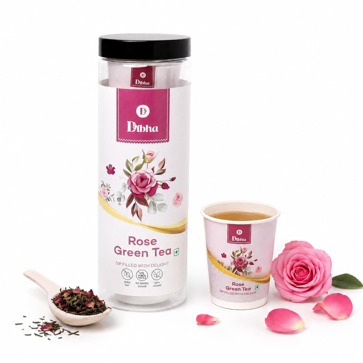 Dibha Rose Green Tea Instant Premix (10 Ready to Drink Cups) | Just Add Hot Water | Easy to Use, Travel-Friendly (30g)-image-22