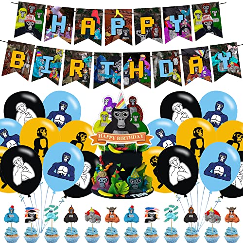 Gorilla Tag Birthday Party Decorations, VR Game Theme Party Supplies with Happy Birthday Banner, Cupcake Toppers, Balloons for Baby Shower Kids Adult Birthday Party Favors