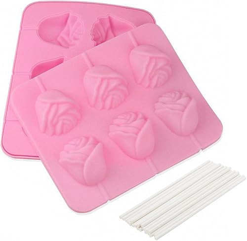 Molde de paleta de flores 3D y 20 palitos – MoldFun Rose Bandeja de silicona para caramelos duros, chocolate y gelatina
