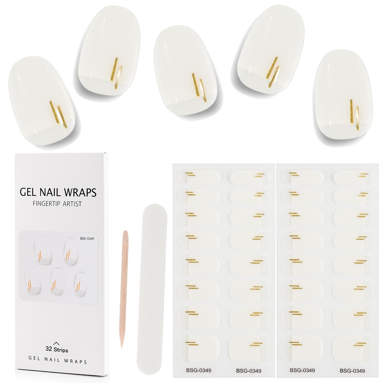 Kalolary 32PCS Cured Gel Nail Polish Strips, Adhesive Full Wrap Gel Nail Art Sticker, Waterproof Gel Nail Wrap Stickers with Nail File and Stick（UV/LED Lamp Required） (Gold Stripe White)