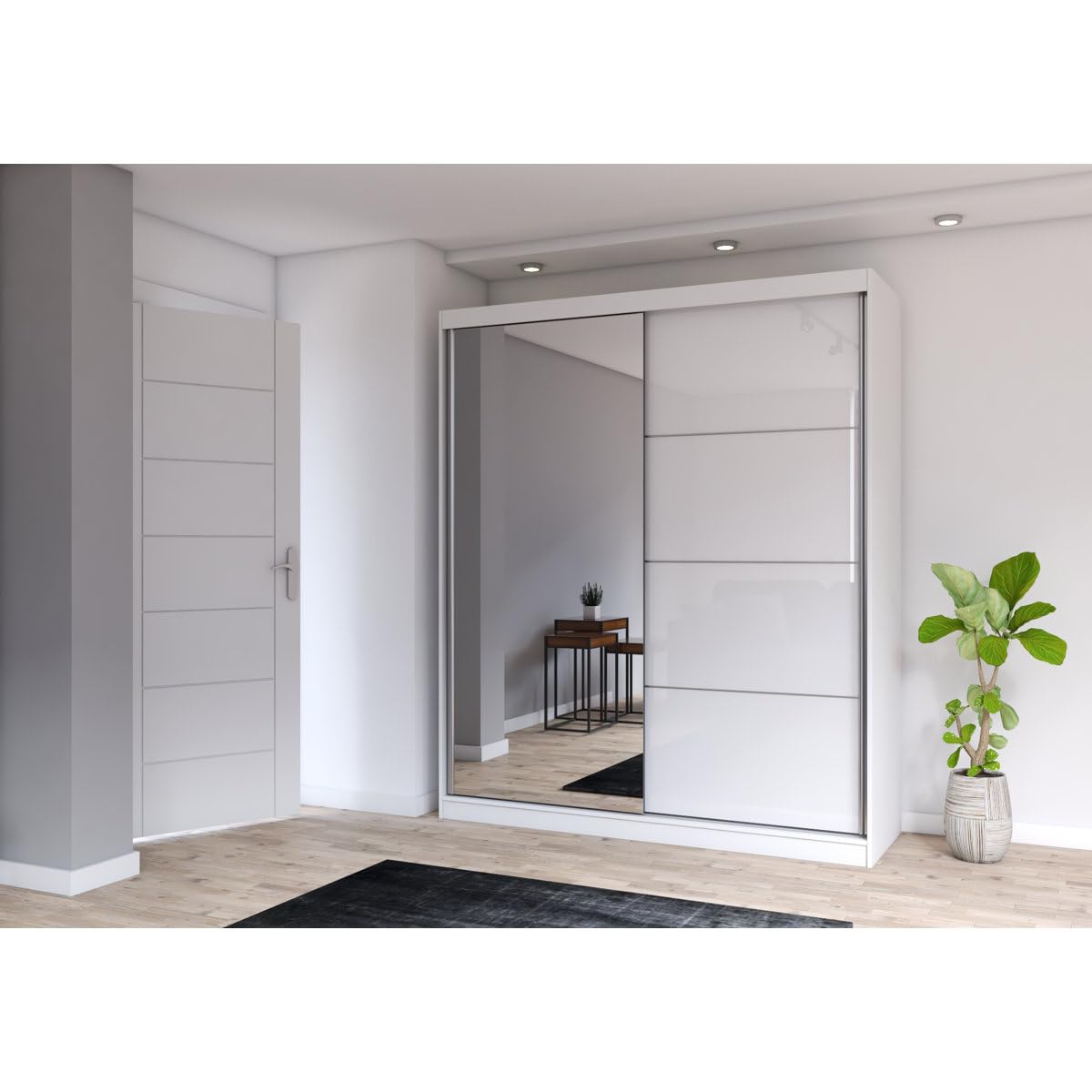 Ozone Furnish Engineering Wood Sliding Wardrobe with Mirror with Classic Modern Look Design, White-image-30