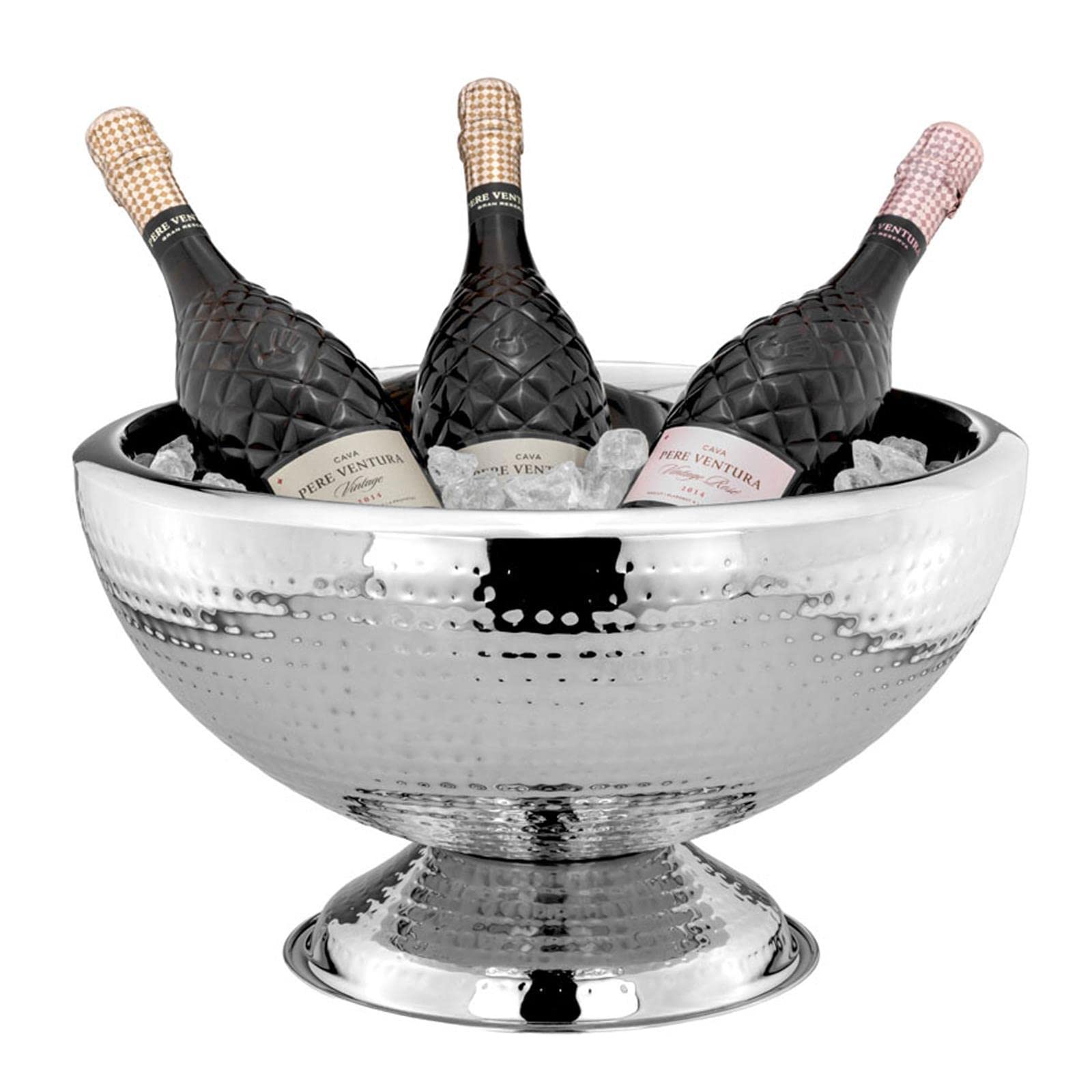 Edelstahl Flaschenkühler Ø 43 cm mit Fuß - große doppelwandige Tischschale für Sekt, Wein und Champagner - elegant für Bar, Esstisch und festliche Anlässe