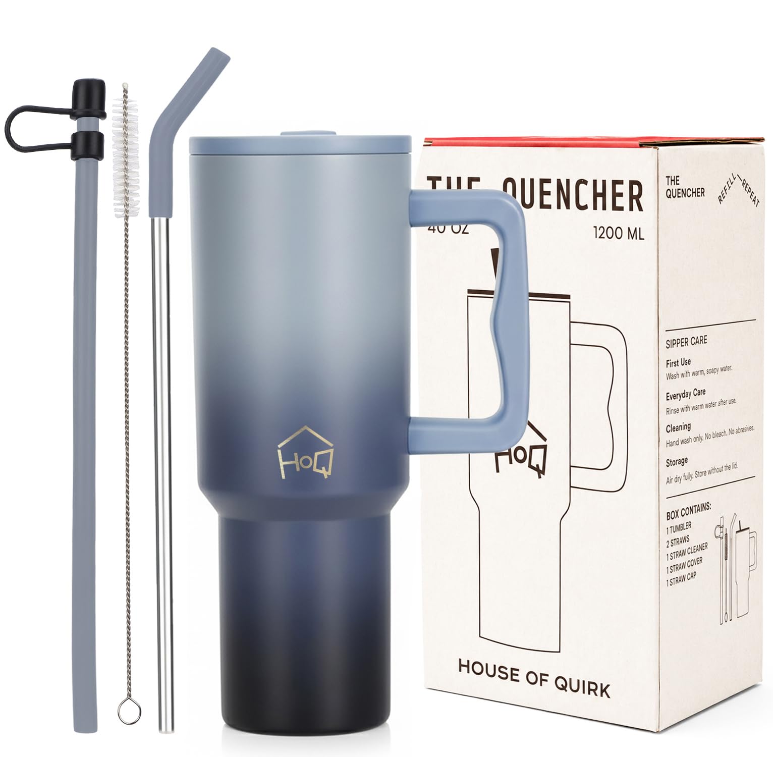 House of Quirk 1200ML Stainless Steel Tumbler with Handle & Lid, 2 Straws – Large Travel Mug Water Cup for Gym, Office & Outdoor Use (Stone Wash)