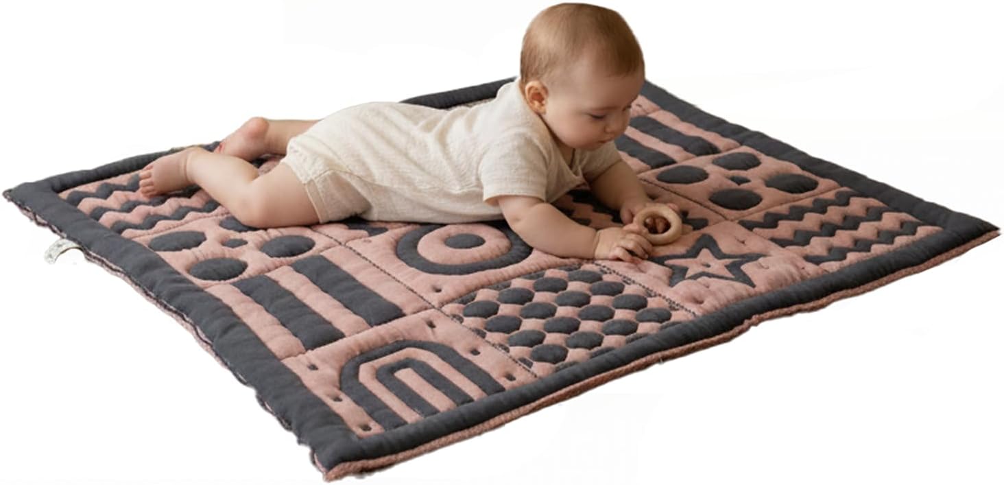 3D Soft Organic Cotton Crawling Blanket – GOTS Certified, 40x40 in Montessori Design for Motor Skill Development, Reversible, No Loose Threads – Washable & Sustainable