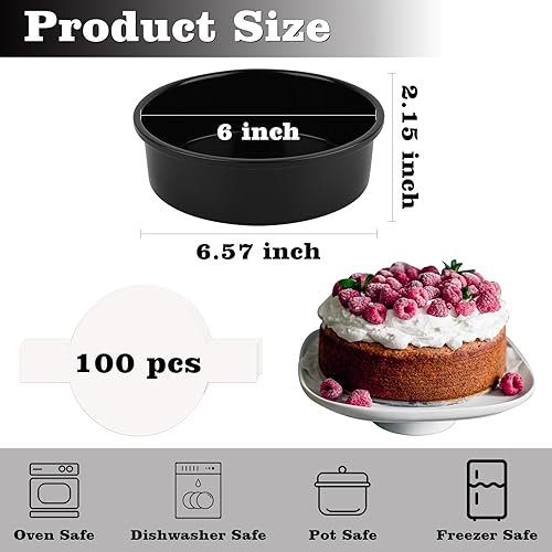 Miniatura 2 de HUAKENER Molde para pasteles de 6 pulgadas, juego de 3 moldes redondos para pasteles con 100 piezas de papel pergamino, moldes antiadherentes para