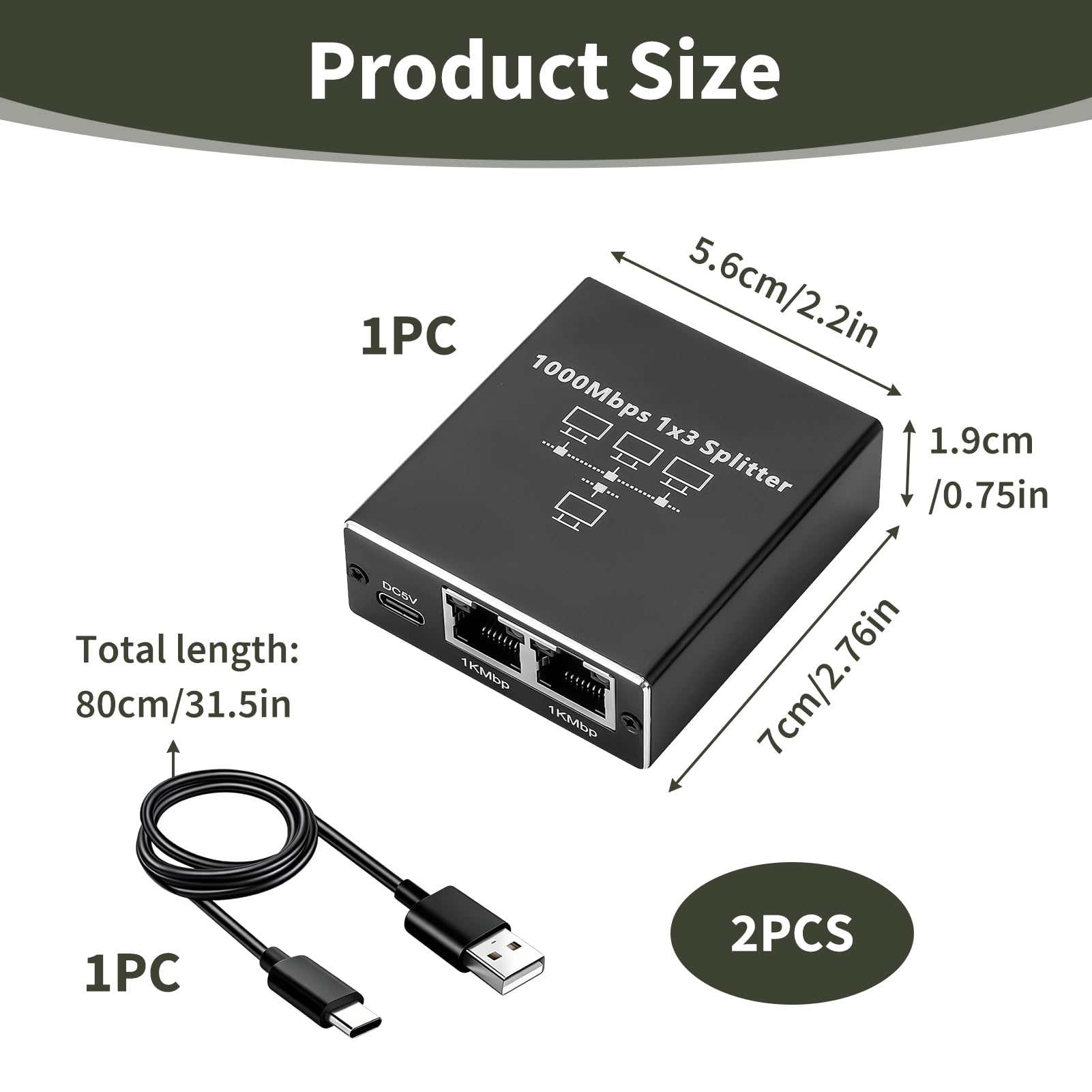 LAN Switch 1 Auf 3, LAN Splitter 1 Auf 3 Gigabit Ethernet Splitter 1000Mbit s, Netzwerk Verteiler mit USB C Stromkabel, Aluminium RJ45 Switch kompatibel mit Router PC TV Set Top Box Cat8 Cat7 Cat6