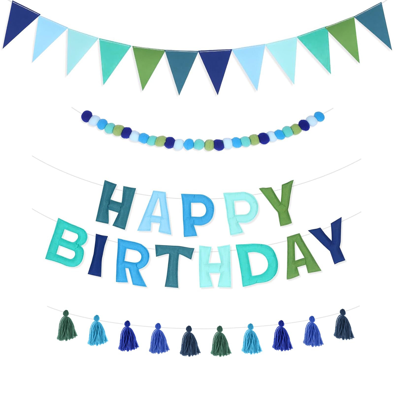 Pre-Strung 3D Happy Birthday Banner, Reusable Blue Felt Ball Garland