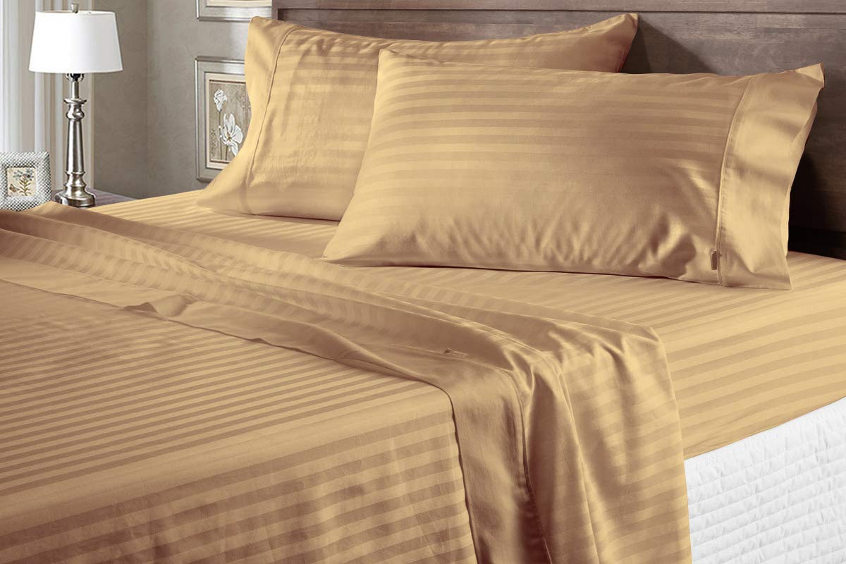 100 Egyptian Cotton 600 Thread Count Bed Sheets-Queen Size Deep Pocket Upto 10-12 Sheet Set Taupe Stripe