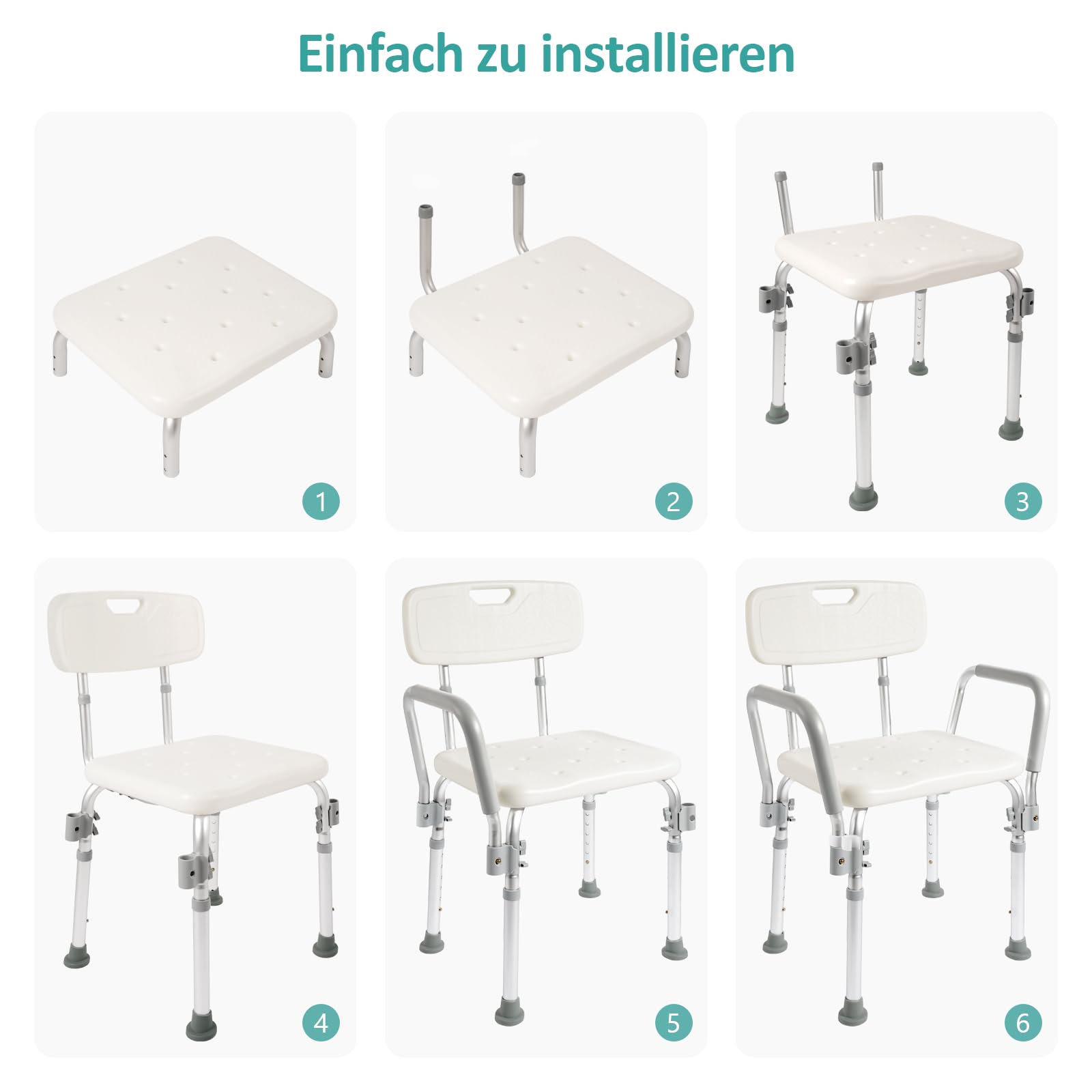 EMKE Duschhocker für Senioren Duschstuhl mit Armlehne und Rückenlehne, rutschfest Höhenverstellbar Duschsitz Badhocker für die Dusche Badewannenhocker Belastbar 135KG